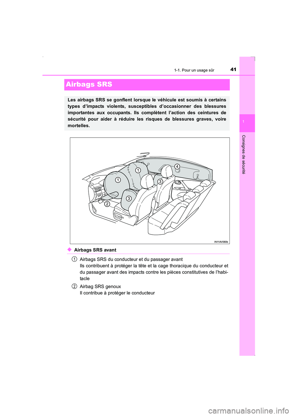 TOYOTA AVENSIS 2015  Manuel du propriétaire (in French) 411-1. Pour un usage sûr
1
Consignes de sécurité
AVENSIS_OM_OM20C21K_(EK)
Airbags SRS
◆Airbags SRS avantAirbags SRS du conducteur et du passager avant 
Ils contribuent à protéger la tête et la