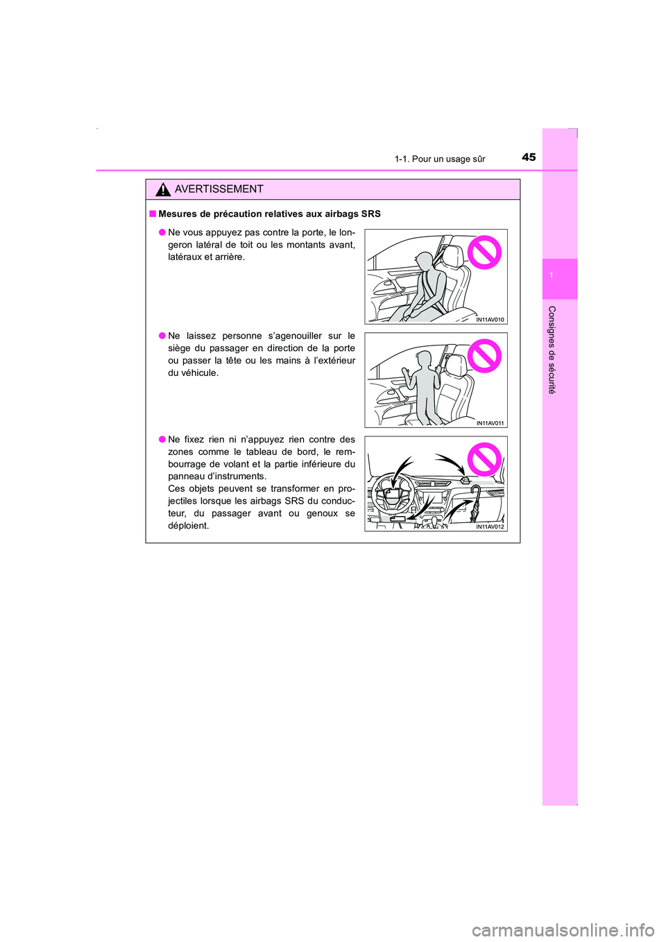 TOYOTA AVENSIS 2015  Manuel du propriétaire (in French) 451-1. Pour un usage sûr
1
AVENSIS_OM_OM20C21K_(EK)
Consignes de sécurité
AVERTISSEMENT
■Mesures de précaution relatives aux airbags SRS
●Ne vous appuyez pas contre la porte, le lon-
geron lat