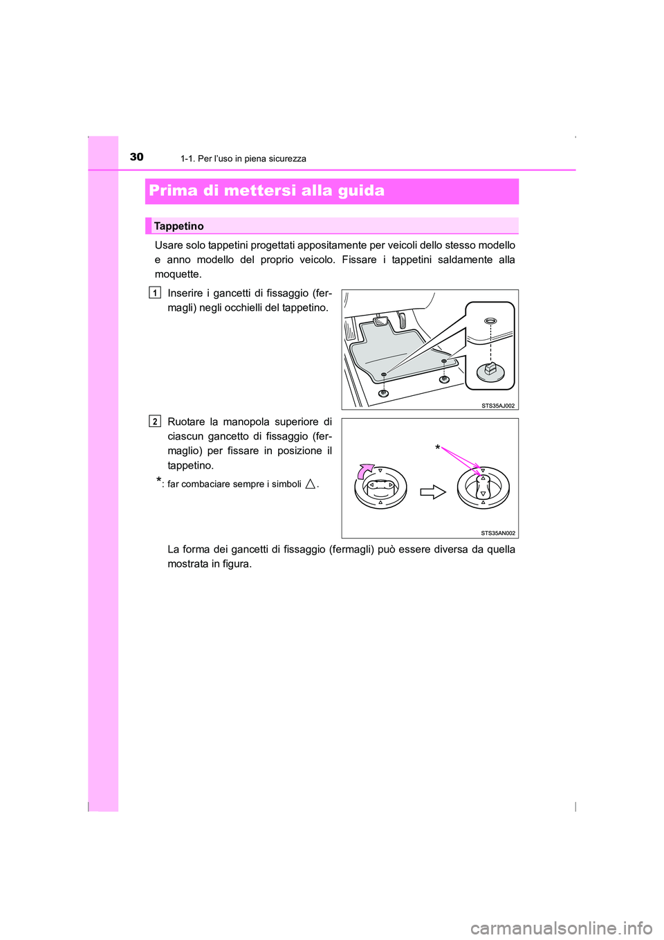 TOYOTA AVENSIS 2015  Manuale duso (in Italian) 301-1. Per l’uso in piena sicurezza
AVENSIS_OM_OM20C24L_(EL)
Prima di mettersi alla guida
Usare solo tappetini progettati appositamente per veicoli dello stesso modello
e anno modello del proprio ve