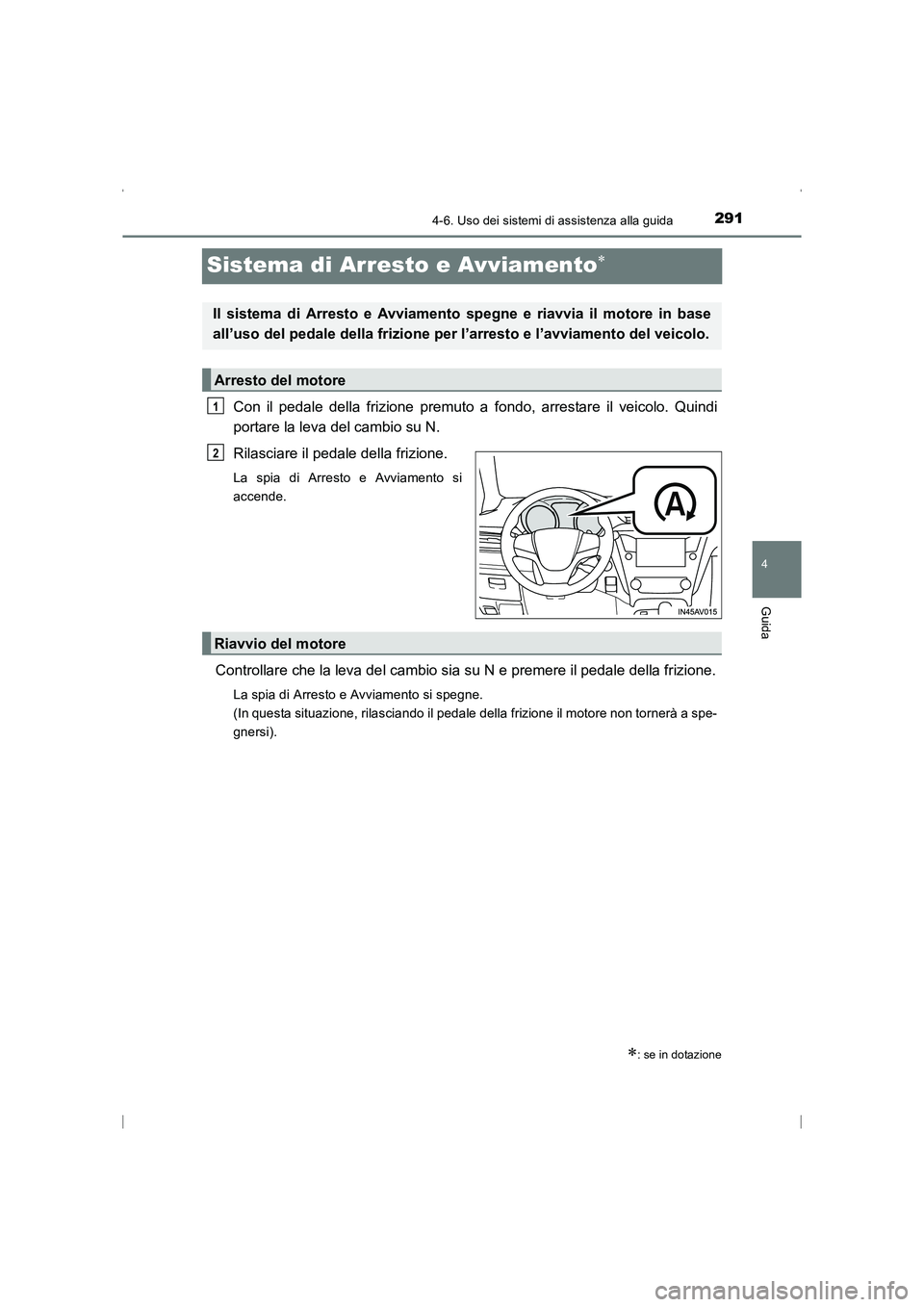 TOYOTA AVENSIS 2015  Manuale duso (in Italian) 291
4
4-6. Uso dei sistemi di assistenza alla guida
Guida
AVENSIS_OM_OM20C24L_(EL)
Sistema di Arresto e Avviamento∗
Con il pedale della frizione premuto a fondo, arrestare il veicolo. Quindi
portare