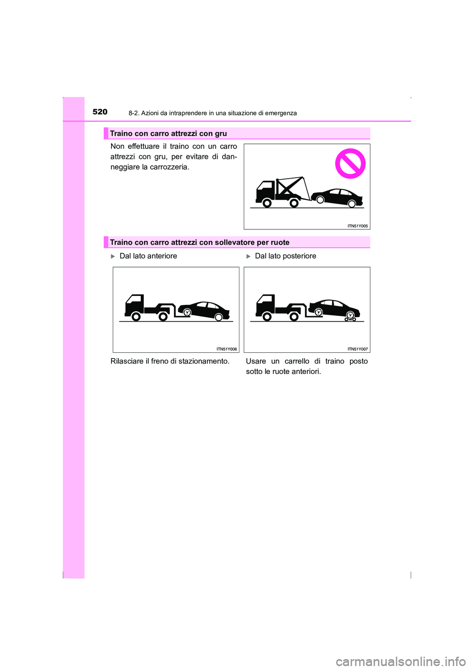 TOYOTA AVENSIS 2015  Manuale duso (in Italian) 5208-2. Azioni da intraprendere in una situazione di emergenza
AVENSIS_OM_OM20C24L_(EL)
Non effettuare il traino con un carro
attrezzi con gru, per evitare di dan-
neggiare la carrozzeria.
Traino con 
