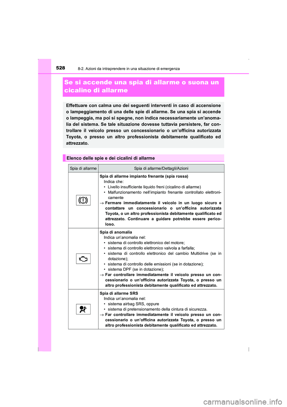 TOYOTA AVENSIS 2015 Manuale duso (in Italian) 5288-2. Azioni da intraprendere in una situazione di emergenza
AVENSIS_OM_OM20C24L_(EL)
Se si accende una spia di allar me o suona un
cicalino di allar me
Effettuare con calma uno dei seguenti interv TOYOTA AVENSIS 2015 Manuale duso (in Italian) 5288-2. Azioni da intraprendere in una situazione di emergenza
AVENSIS_OM_OM20C24L_(EL)
Se si accende una spia di allar me o suona un
cicalino di allar me
Effettuare con calma uno dei seguenti interv