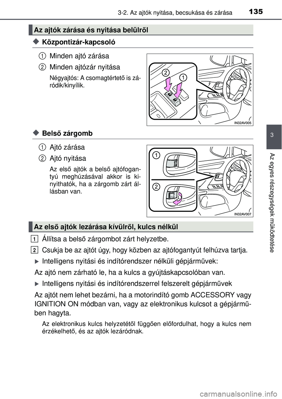 TOYOTA AVENSIS 2015 Kezelési útmutató (in Hungarian) 1353-2. Az ajtók nyitása, becsukása és zárása
3
Az egyes részegységek működtetése
Központizár-kapcsoló
Minden ajtó zárása
Minden ajtózár nyitása
Négyajtós: A csomagtértet ő TOYOTA AVENSIS 2015 Kezelési útmutató (in Hungarian) 1353-2. Az ajtók nyitása, becsukása és zárása
3
Az egyes részegységek működtetése
Központizár-kapcsoló
Minden ajtó zárása
Minden ajtózár nyitása
Négyajtós: A csomagtértet ő