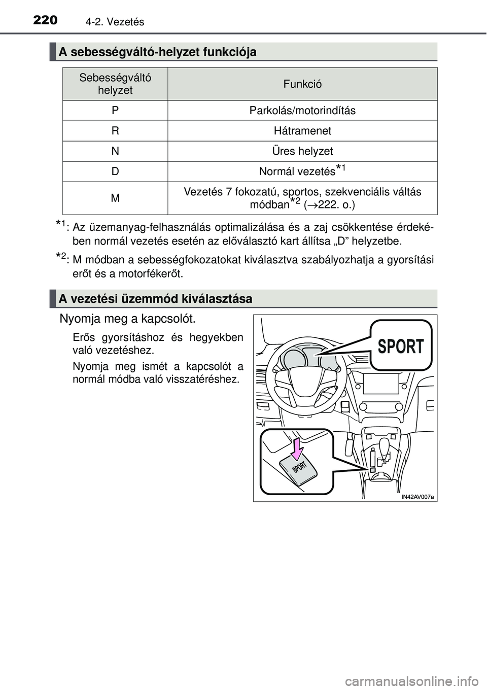 TOYOTA AVENSIS 2015  Kezelési útmutató (in Hungarian) 2204-2. Vezetés
*1: Az üzemanyag-felhasználás optimalizálása és a zaj csö\
kkentése érdeké-ben normál vezetés esetén az el őválasztó kart állítsa „D” helyzetbe.
*2: M módban a 