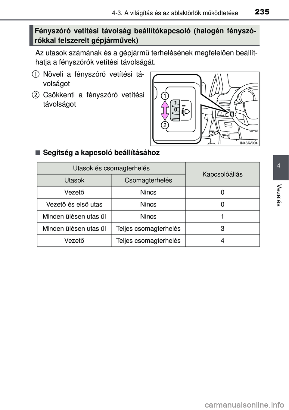 TOYOTA AVENSIS 2015  Kezelési útmutató (in Hungarian) 2354-3. A világítás és az ablaktörlők mű ködtetése
4
Vezetés
Az utasok számának és a gépjárm ű terhelésének megfelel ően beállít-
hatja a fényszórók vetítési távolságát.
N