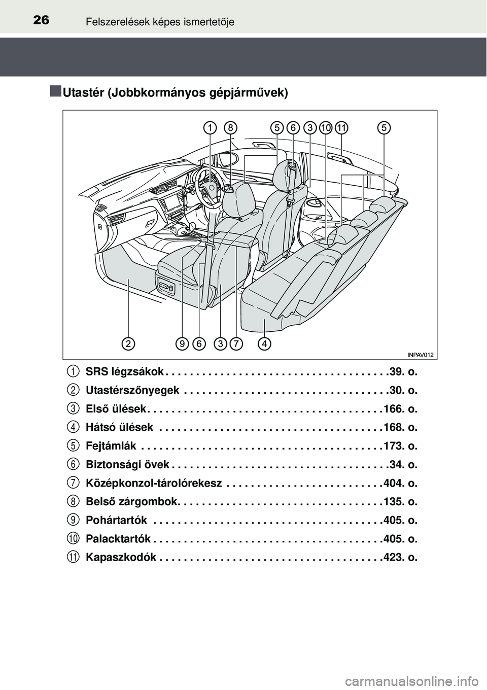 TOYOTA AVENSIS 2015  Kezelési útmutató (in Hungarian) 26Felszerelések képes ismertetője
Utastér (Jobbkormányos gépjárm űvek)
SRS légzsákok . . . . . . . . . . . . . . . . . . . . . . . . . . . . . . . . . . . . \
. 39. o.
Utastérszőnyegek 
