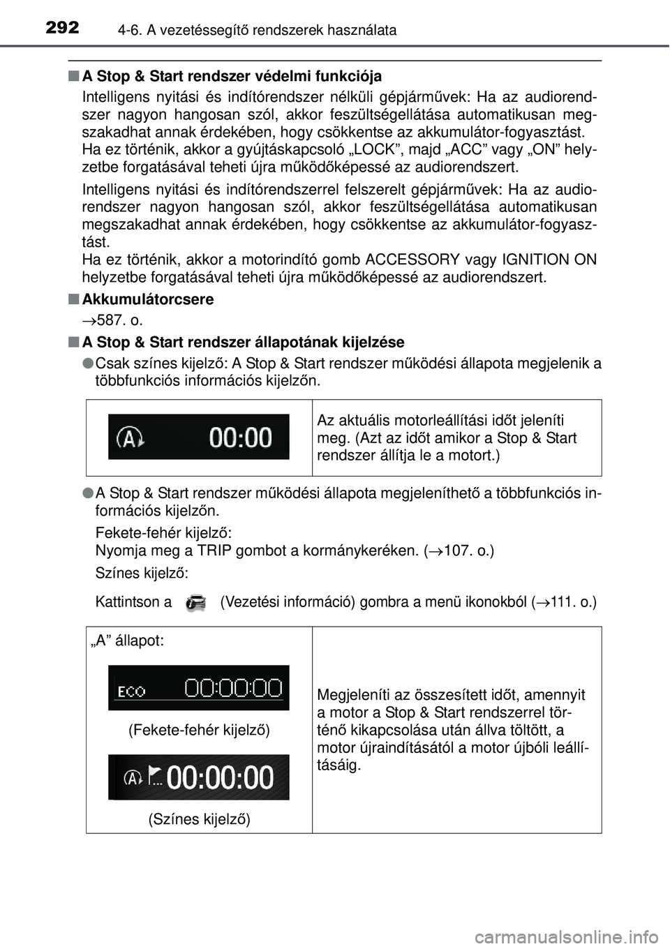TOYOTA AVENSIS 2015  Kezelési útmutató (in Hungarian) 2924-6. A vezetéssegítő rendszerek használata
 A Stop & Start rendszer védelmi funkciója
Intelligens nyitási és indítórendszer nélküli gépjárm űvek: Ha az audiorend-
szer nagyon hang