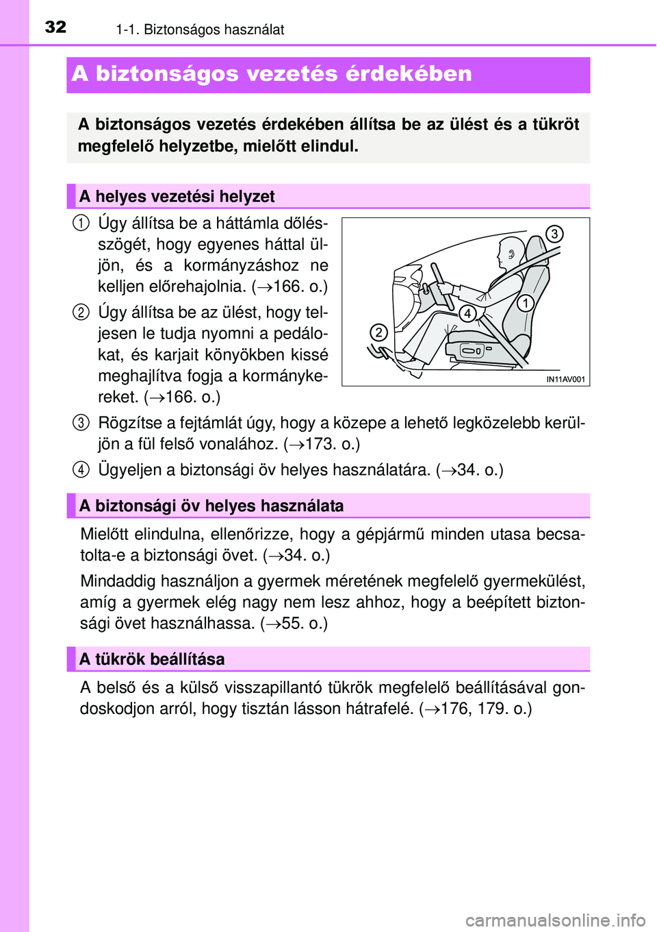 TOYOTA AVENSIS 2015  Kezelési útmutató (in Hungarian) 321-1. Biztonságos használat
A biztonságos vezetés érdekében
Úgy állítsa be a háttámla dőlés-
szögét, hogy egyenes háttal ül-
jön, és a kormányzáshoz ne
kelljen el őrehajolnia. (