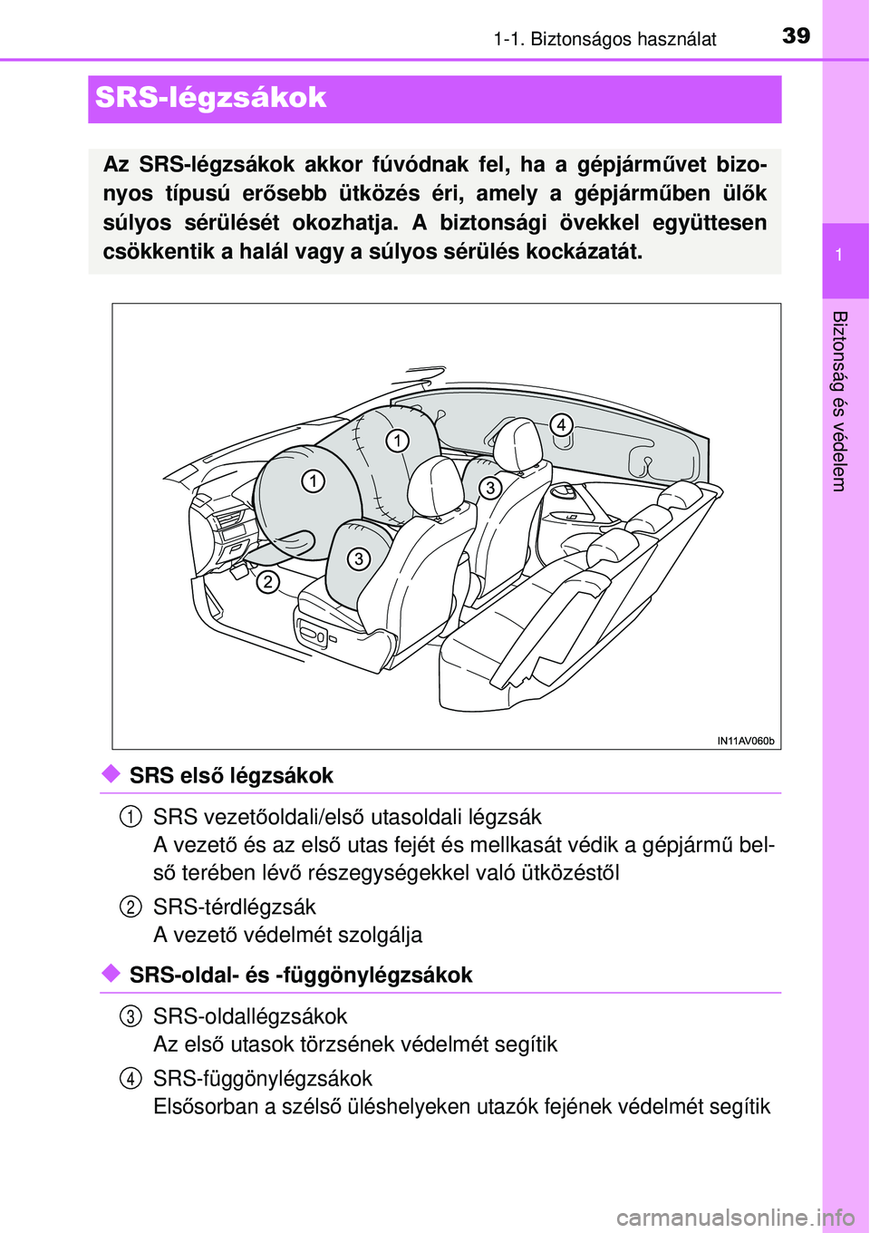 TOYOTA AVENSIS 2015  Kezelési útmutató (in Hungarian) 391-1. Biztonságos használat
1
Biztonság és védelem
SRS-légzsákok
SRS első légzsákok
SRS vezet őoldali/első  utasoldali légzsák
A vezet ő és az els ő utas fejét és mellkasát vé