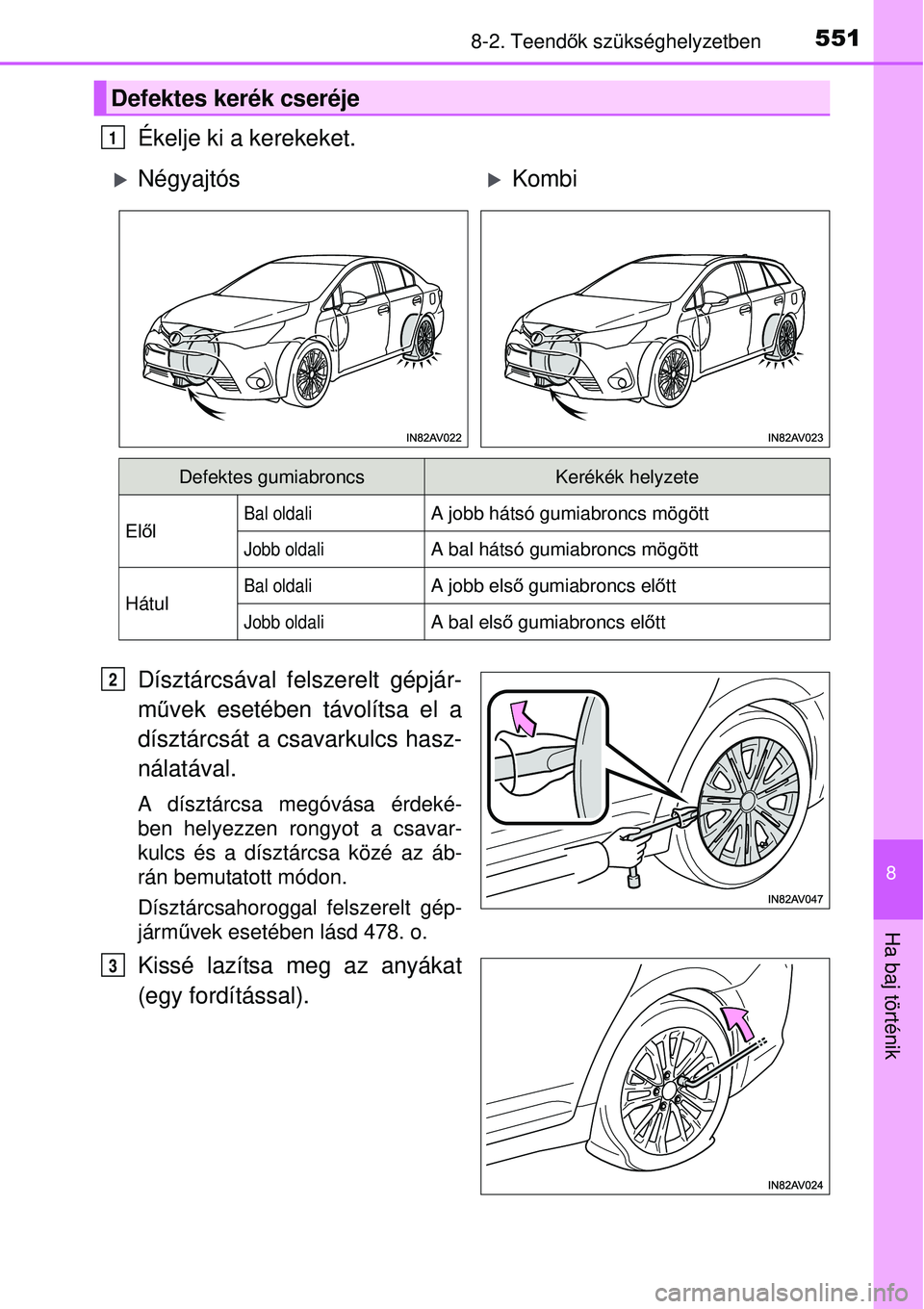 TOYOTA AVENSIS 2015  Kezelési útmutató (in Hungarian) 5518-2. Teendők szükséghelyzetben
8
Ha baj történik
Ékelje ki a kerekeket.
Dísztárcsával felszerelt gépjár-
m űvek esetében távolítsa el a
dísztárcsát a csavarkulcs hasz-
nálatával
