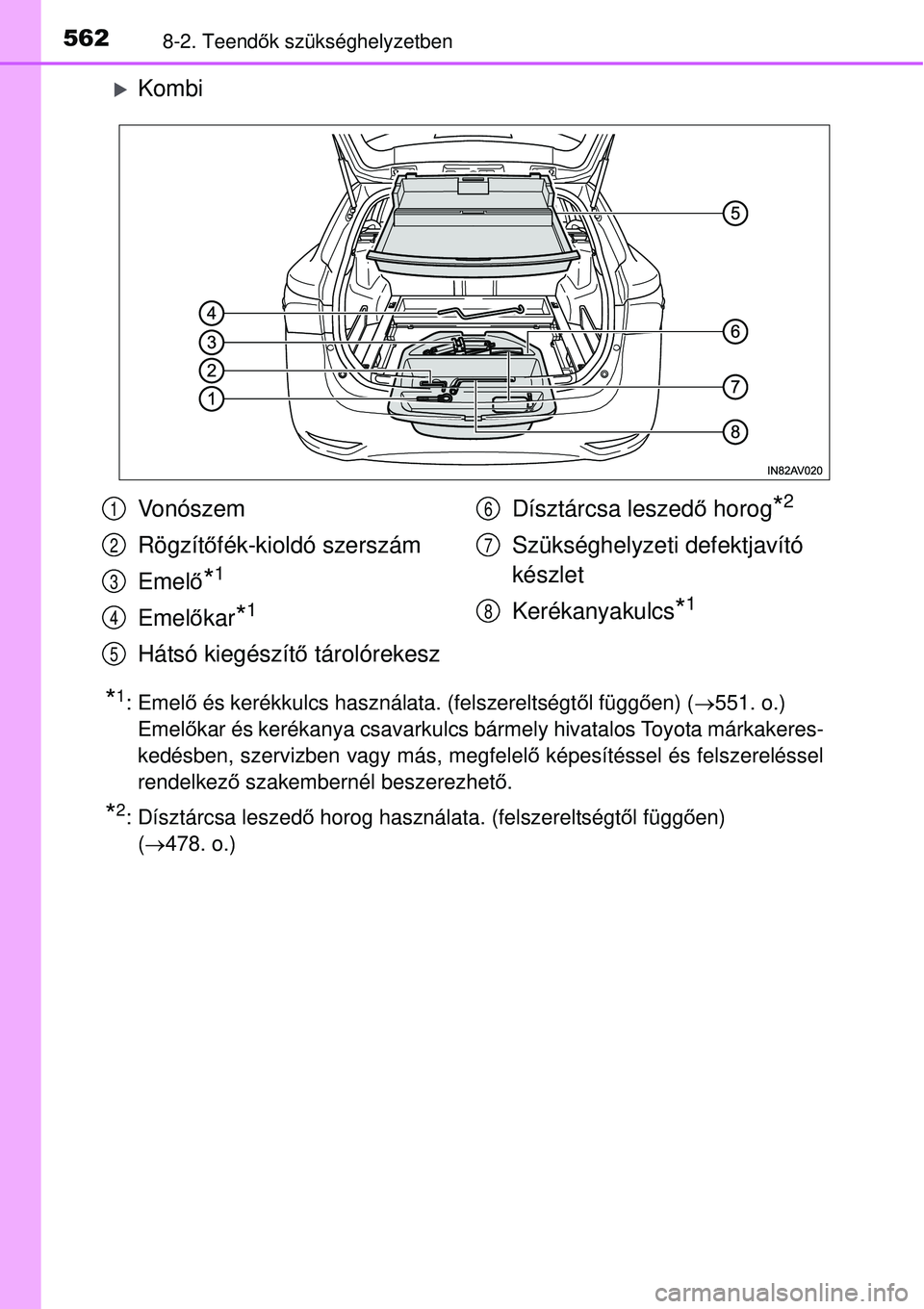 TOYOTA AVENSIS 2015  Kezelési útmutató (in Hungarian) 5628-2. Teendők szükséghelyzetben
Kombi
*1:Emel ő és kerékkulcs használata. (felszereltségt ől függ ően) ( 551. o.)
Emel őkar és kerékanya csavarkulcs bármely hivatalos Toyota má