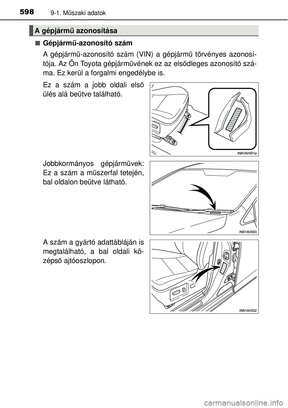 TOYOTA AVENSIS 2015  Kezelési útmutató (in Hungarian) 5989-1. Műszaki adatok
Gépjármű-azonosító szám
A gépjármű -azonosító szám (VIN) a gépjármű  törvényes azonosí-
tója. Az Ön Toyota gépjárm űvének ez az első dleges azonosí