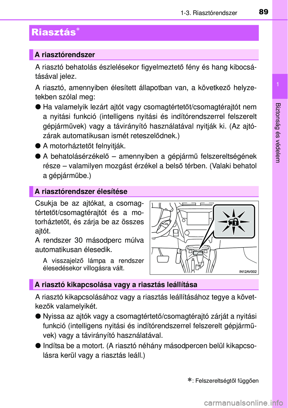 TOYOTA AVENSIS 2015  Kezelési útmutató (in Hungarian) 89
1
1-3. Riasztórendszer
Biztonság és védelem
Riasztás
A riasztó behatolás észlelésekor figyelmeztető fény és hang kibocsá-
tásával jelez.
A riasztó, amennyiben élesített állapo