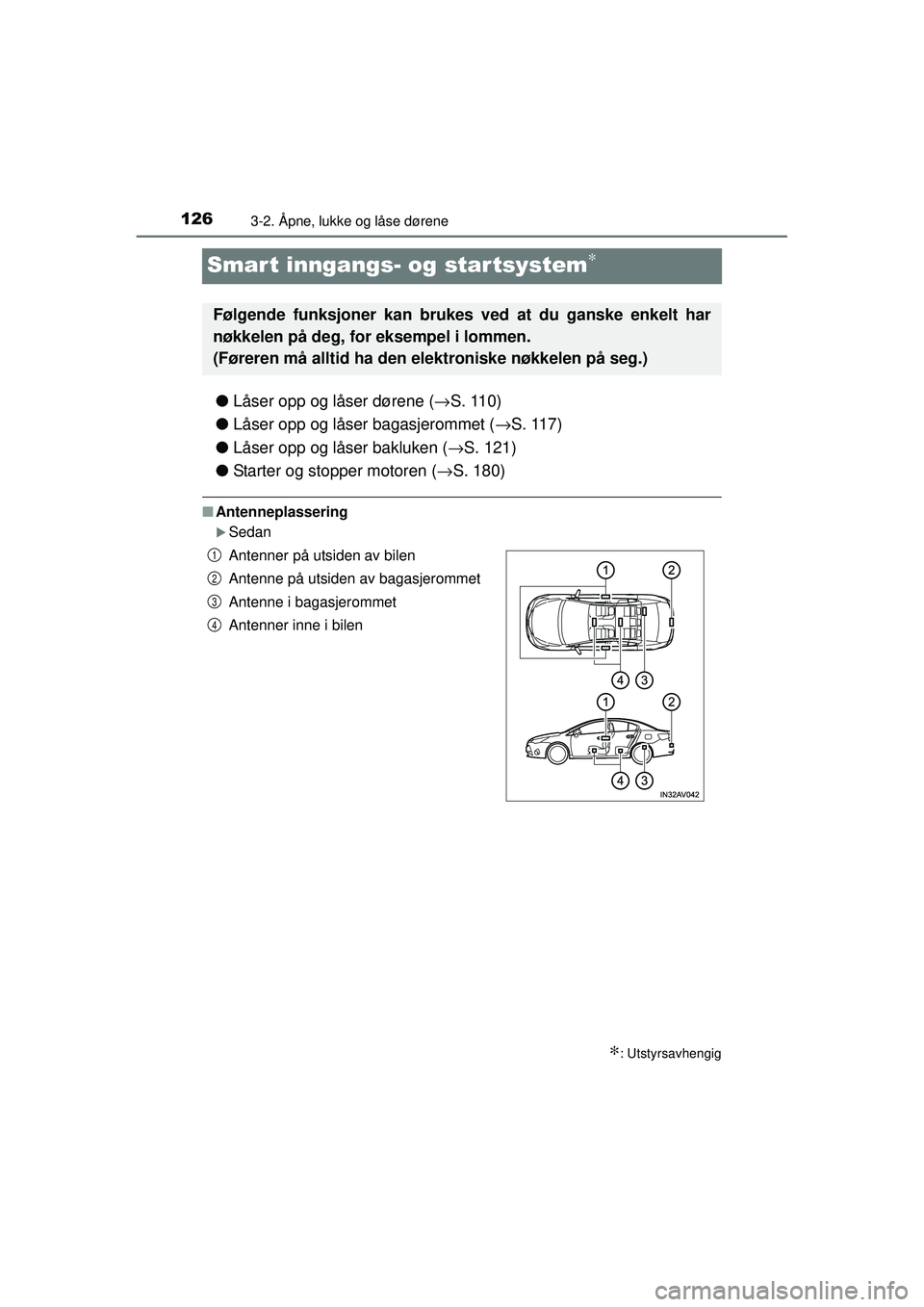 TOYOTA AVENSIS 2015  Instruksjoner for bruk (in Norwegian) 1263-2. Åpne, lukke og låse dørene
OM20C20NO
Smart inngangs- og star tsystem∗
●Låser opp og låser dørene ( →S. 110)
● Låser opp og låser bagasjerommet ( →S. 117)
● Låser opp og l