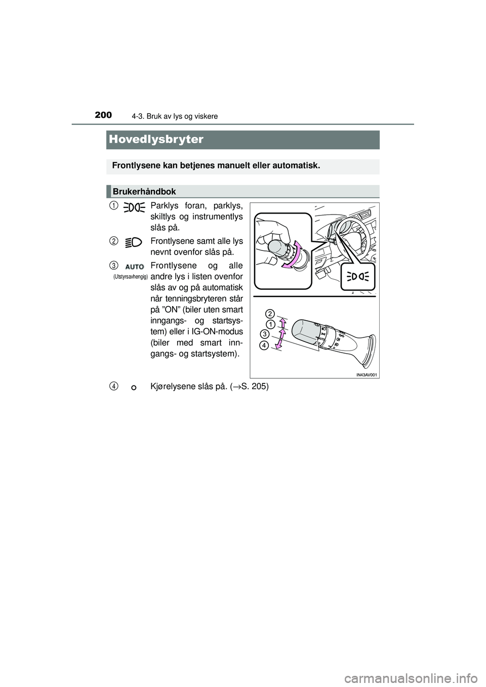 TOYOTA AVENSIS 2015  Instruksjoner for bruk (in Norwegian) 2004-3. Bruk av lys og viskere
OM20C20NO
Hovedlysbr yter
Parklys foran, parklys,
skiltlys og instrumentlys
slås på.
Frontlysene samt alle lys
nevnt ovenfor slås på.
Frontlysene og alle
andre lys i