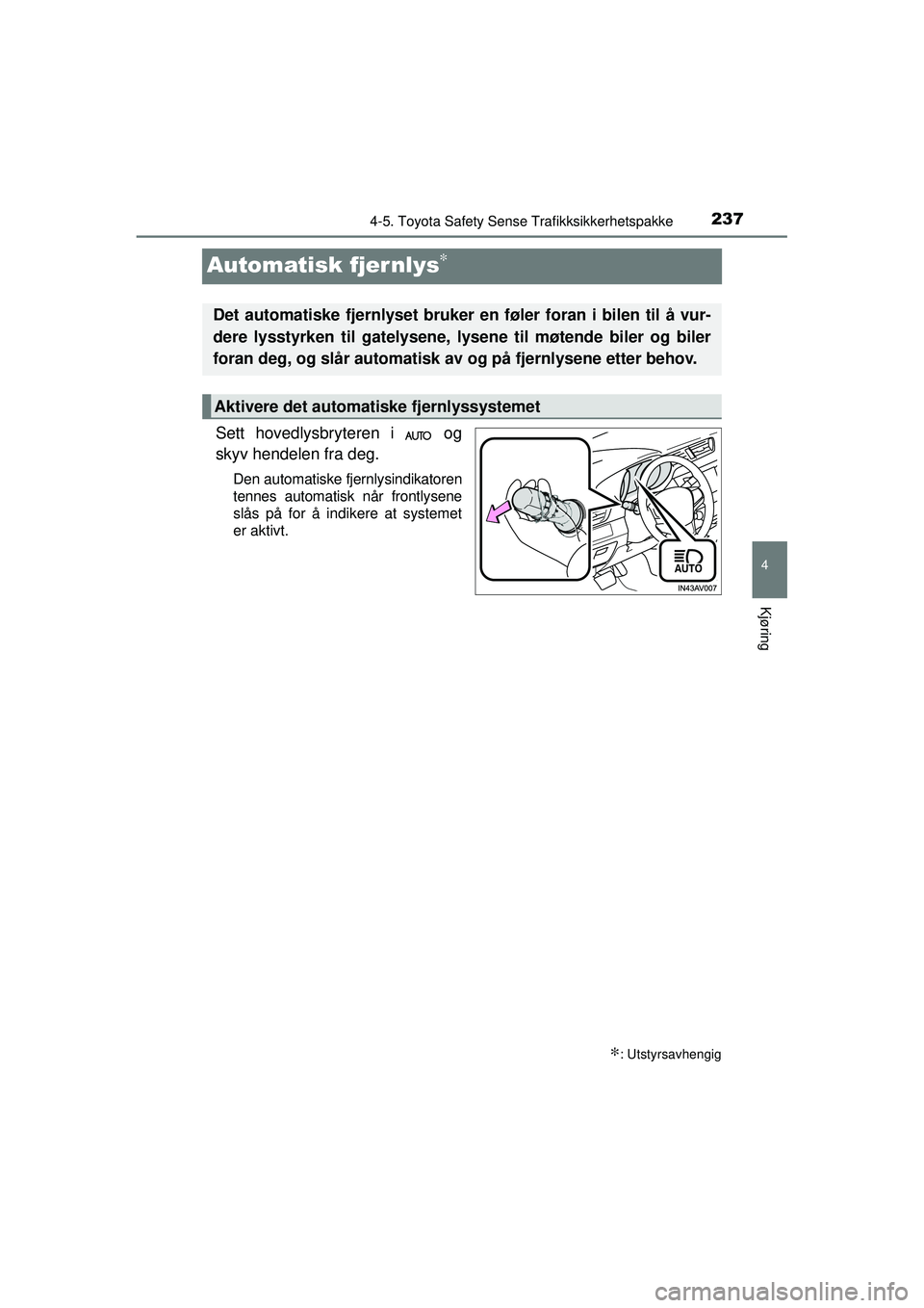 TOYOTA AVENSIS 2015  Instruksjoner for bruk (in Norwegian) 237
4
4-5. Toyota Safety Sense Trafikksikkerhetspakke
Kjøring
OM20C20NO
Automatisk fjernlys∗
Sett hovedlysbryteren i   og
skyv hendelen fra deg.
Den automatiske fjernlysindikatoren
tennes automatis