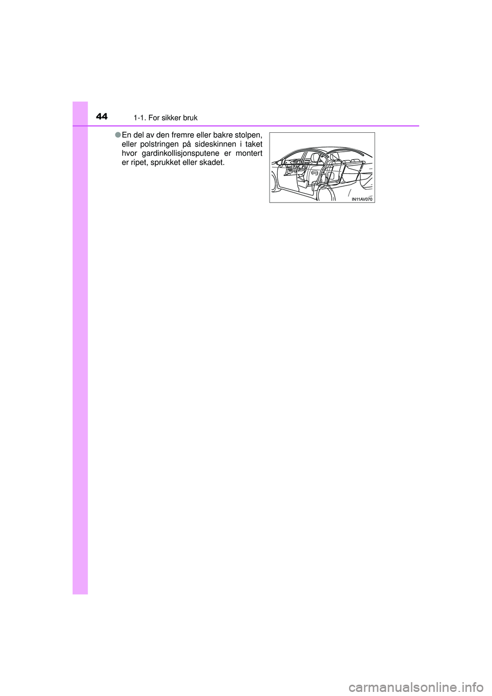 TOYOTA AVENSIS 2015  Instruksjoner for bruk (in Norwegian) 441-1. For sikker bruk
OM20C20NO●
En del av den fremre eller bakre stolpen,
eller polstringen på sideskinnen i taket
hvor gardinkollisjonsputene er montert
er ripet, sprukket eller skadet.
OM20C20N