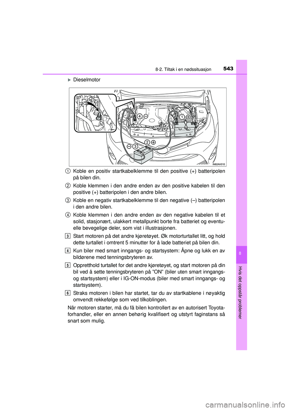 TOYOTA AVENSIS 2015  Instruksjoner for bruk (in Norwegian) 5438-2. Tiltak i en nødssituasjon
OM20C20NO
8
Hvis det oppstår problemer
�XDieselmotor
Koble en positiv startkabelklemme til den positive (+) batteripolen
på bilen din.
Koble klemmen i den andre en
