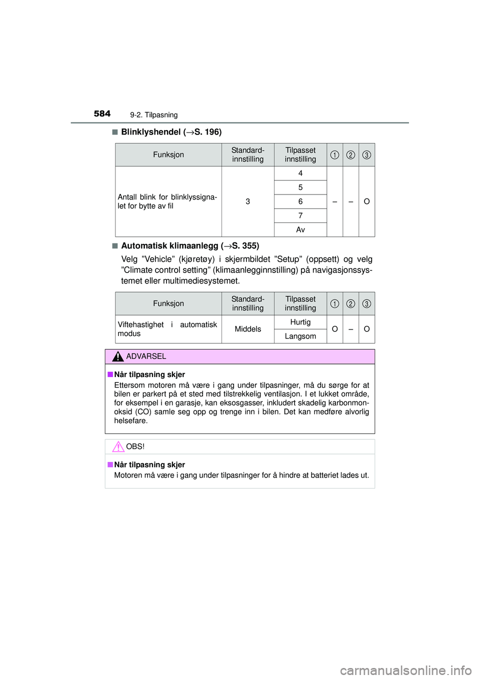 TOYOTA AVENSIS 2015 Instruksjoner for bruk (in Norwegian) 5849-2. Tilpasning
OM20C20NO■
Blinklyshendel (
→S. 196)
■Automatisk klimaanlegg ( →S. 355)
Velg ”Vehicle” (kjøretøy) i skjerm bildet ”Setup” (oppsett) og velg
”Climate control sett TOYOTA AVENSIS 2015 Instruksjoner for bruk (in Norwegian) 5849-2. Tilpasning
OM20C20NO■
Blinklyshendel (
→S. 196)
■Automatisk klimaanlegg ( →S. 355)
Velg ”Vehicle” (kjøretøy) i skjerm bildet ”Setup” (oppsett) og velg
”Climate control sett