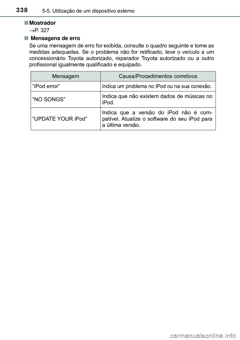 TOYOTA AVENSIS 2015  Manual de utilização (in Portuguese) 3385-5. Utilização de um dispositivo externo
nMostrador
P. 327
n Mensagens de erro
Se uma mensagem de erro for exibida, consulte o quadro seguinte e tome as
medidas adequadas. Se o problema não 
