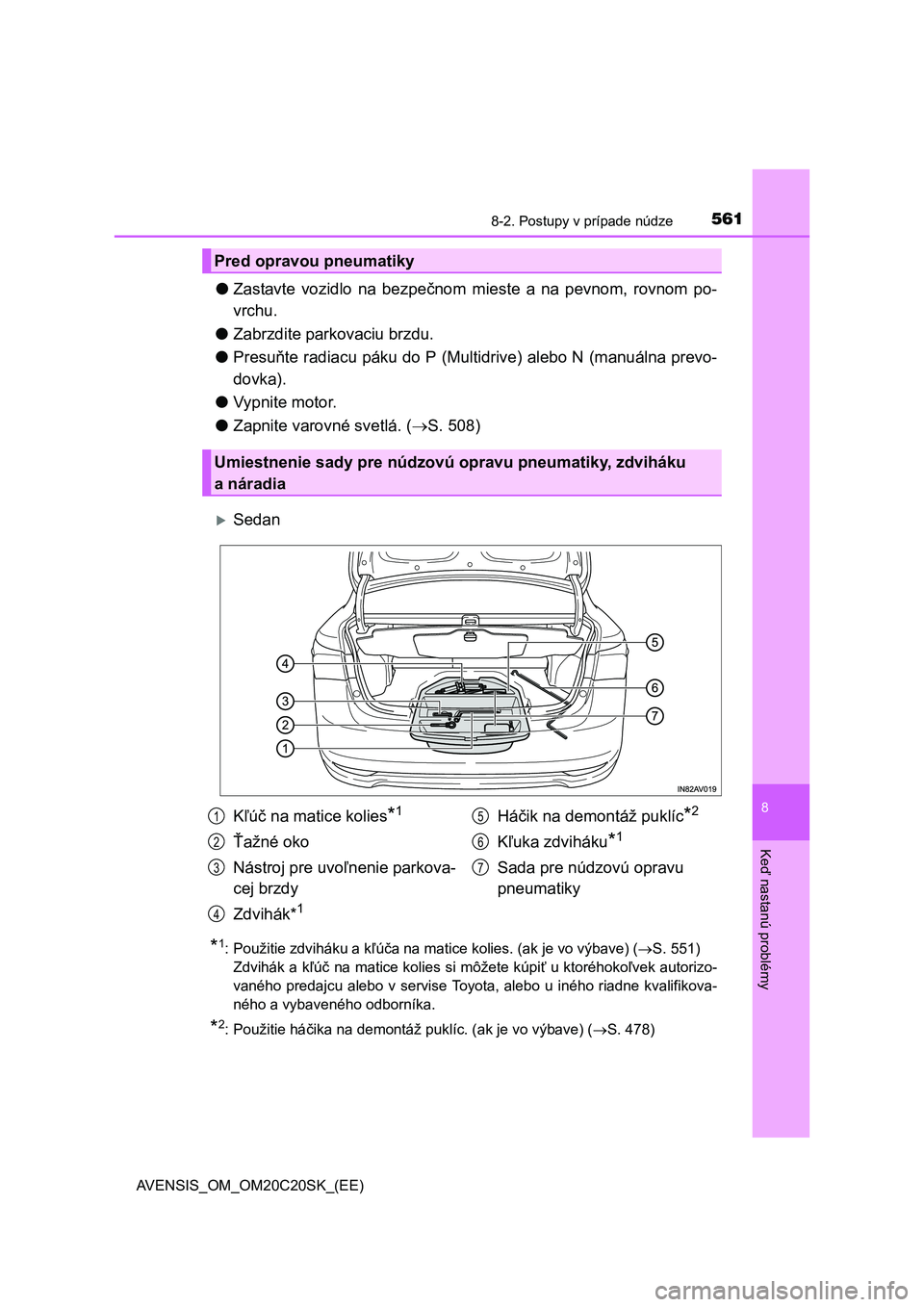 TOYOTA AVENSIS 2015  Návod na použitie (in Slovakian) 5618-2. Postupy v prípade núdze
AVENSIS_OM_OM20C20SK_(EE)
8
Keď nastanú problémy
●Zastavte vozidlo na bezpečnom mieste a na pevnom, rovnom po-
vrchu.
●Zabrzdite parkovaciu brzdu.
●Presuňt