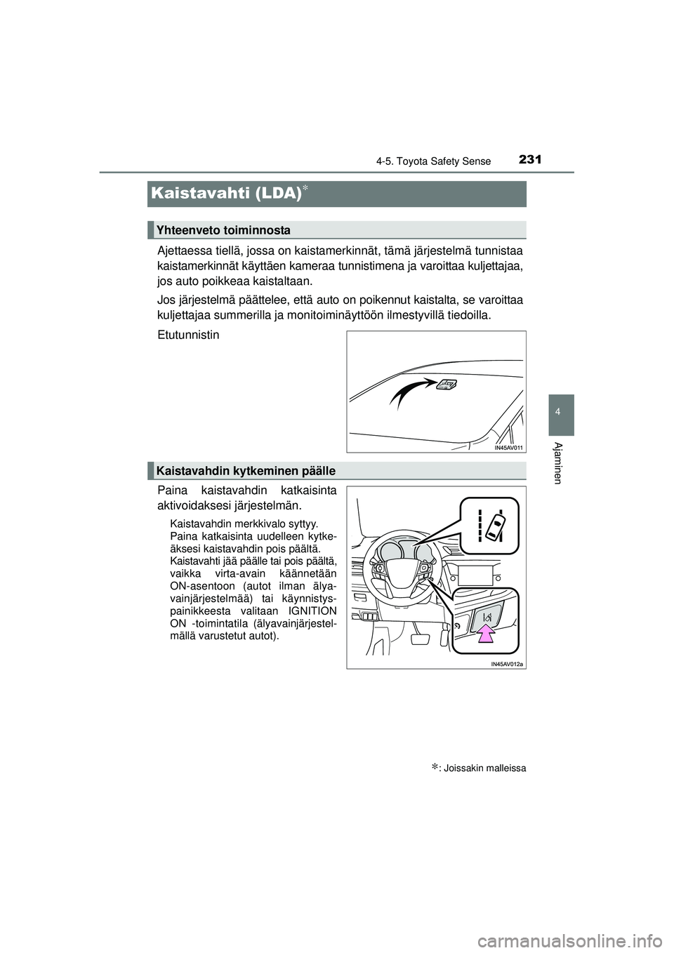 TOYOTA AVENSIS 2015  Omistajan Käsikirja (in Finnish) 231
4
4-5. Toyota Safety Sense
Ajaminen
OM20C20FI
Kaistavahti (LDA)∗
Ajettaessa tiellä, jossa on kaistamerkinnät, tämä järjestelmä tunnistaa
kaistamerkinnät käyttäen kameraa tunnistimena ja
