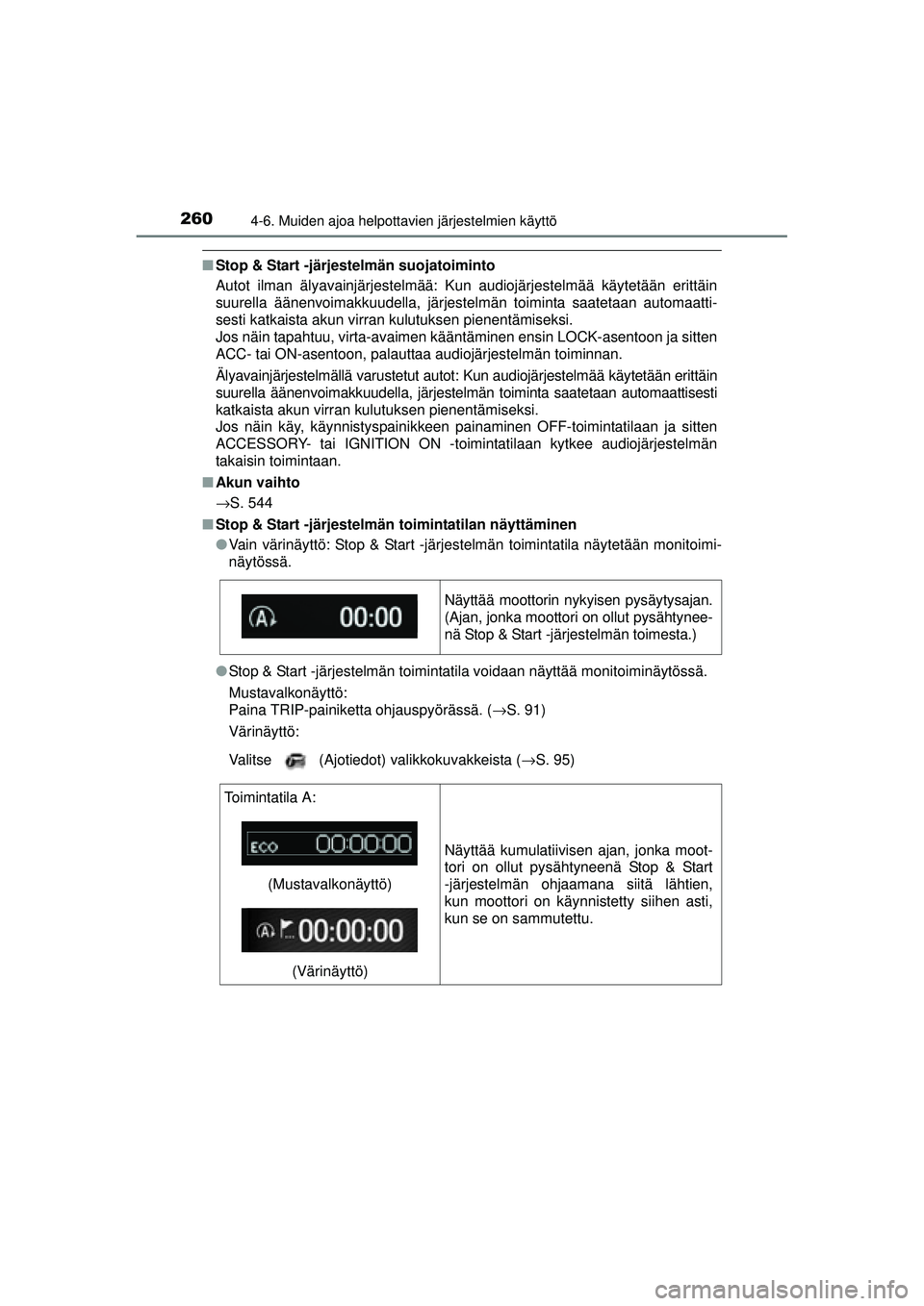TOYOTA AVENSIS 2015 Omistajan Käsikirja (in Finnish) 2604-6. Muiden ajoa helpottavien järjestelmien käyttö
OM20C20FI
■Stop & Start -järjestelmän suojatoiminto
Autot ilman älyavainjärjestelmää: Kun audiojärjestelmää käytetään erittäin
s TOYOTA AVENSIS 2015 Omistajan Käsikirja (in Finnish) 2604-6. Muiden ajoa helpottavien järjestelmien käyttö
OM20C20FI
■Stop & Start -järjestelmän suojatoiminto
Autot ilman älyavainjärjestelmää: Kun audiojärjestelmää käytetään erittäin
s