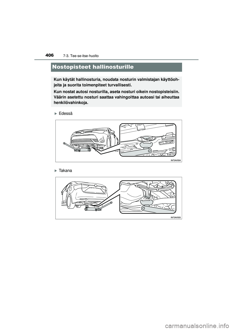 TOYOTA AVENSIS 2015  Omistajan Käsikirja (in Finnish) 4067-3. Tee-se-itse-huolto
OM20C20FI
Nostopisteet hallinosturille
�XEdessä
�XTa k a n a
Kun käytät hallinosturia, noudata nosturin valmistajan käyttöoh-
jeita ja suorita toimenpiteet turvallisest