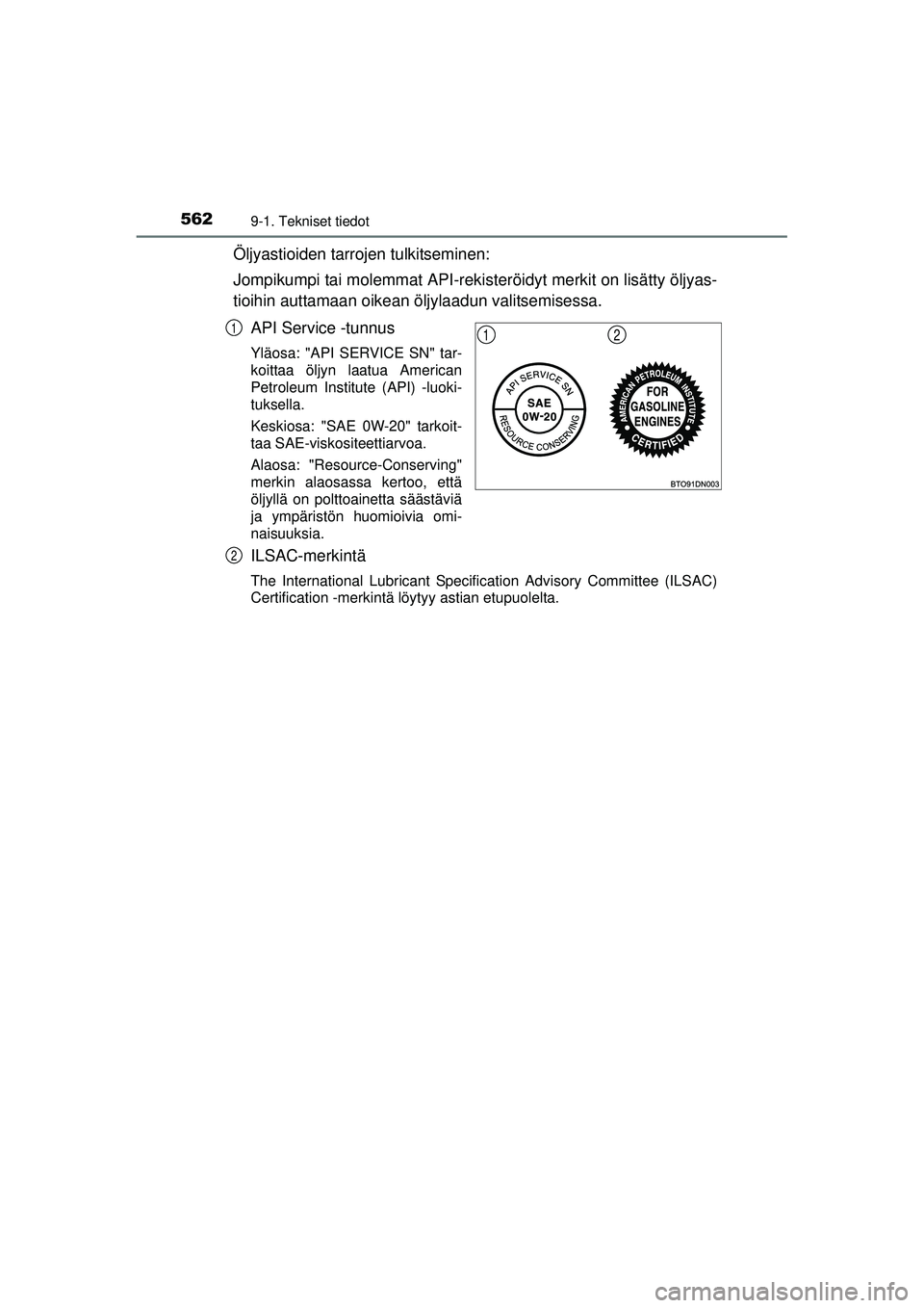 TOYOTA AVENSIS 2015  Omistajan Käsikirja (in Finnish) 5629-1. Tekniset tiedot
OM20C20FI
Öljyastioiden tarrojen tulkitseminen:
Jompikumpi tai molemmat API-rekisteröidyt merkit on lisätty öljyas-
tioihin auttamaan oikean öljylaadun valitsemisessa.
API