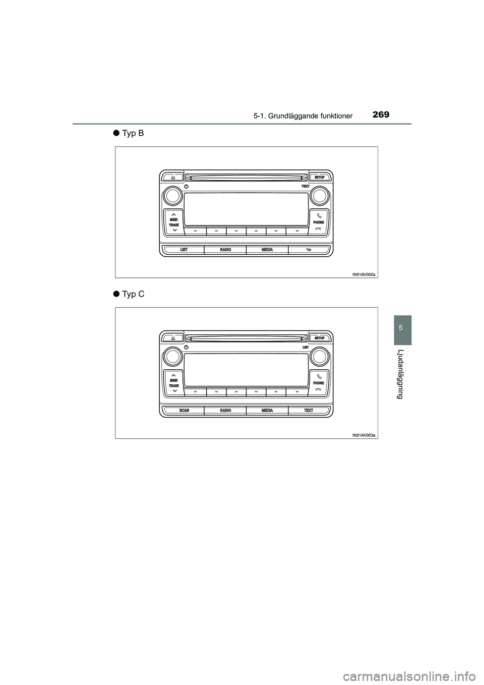TOYOTA AVENSIS 2015  Bruksanvisningar (in Swedish) 2695-1. Grundläggande funktioner
5
Ljudanläggning
OM20C20SE
lTy p  B
l Ty p  C
OM20C20SE.book  Page 269  Tuesday, December 1, 2015  2:27 PM 