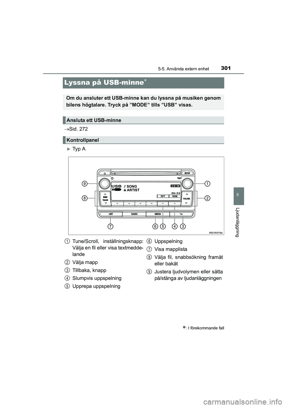 TOYOTA AVENSIS 2015  Bruksanvisningar (in Swedish) 301
5
5-5. Använda extern enhet
Ljudanläggning
OM20C20SE
Lyssna på USB-minne
Sid. 272
Ty p  A
: I förekommande fall
Om du ansluter ett USB-minne  kan du lyssna på musiken genom
bilens