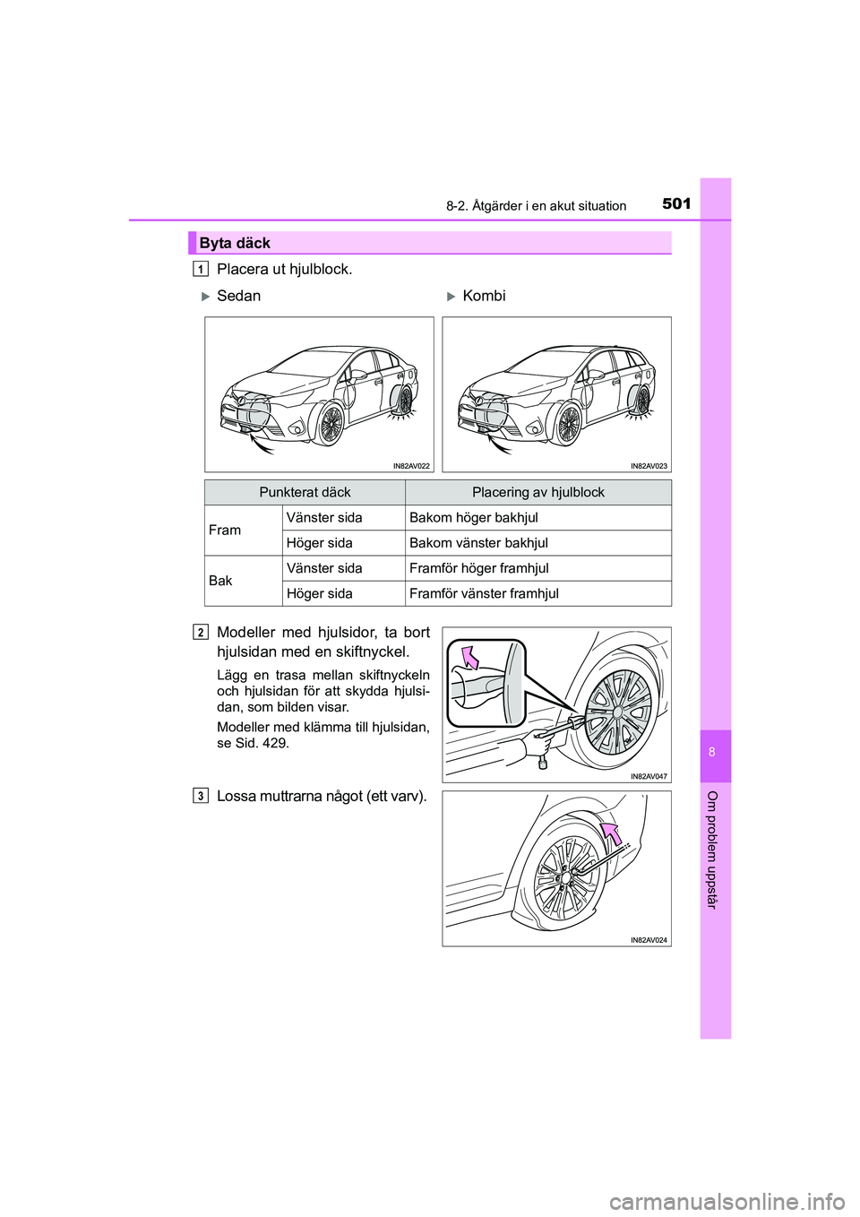 TOYOTA AVENSIS 2015  Bruksanvisningar (in Swedish) 5018-2. Åtgärder i en akut situation
OM20C20SE
8
Om problem uppstår
Placera ut hjulblock.
Modeller med hjulsidor, ta bort
hjulsidan med en skiftnyckel.
Lägg en trasa mellan skiftnyckeln
och hjulsi