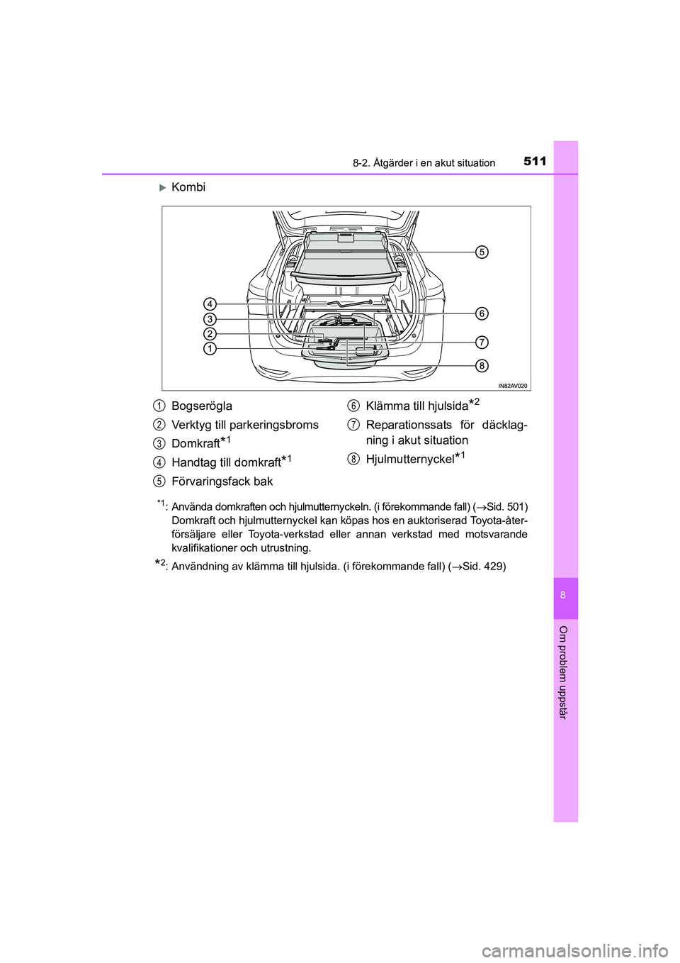 TOYOTA AVENSIS 2015  Bruksanvisningar (in Swedish) 5118-2. Åtgärder i en akut situation
OM20C20SE
8
Om problem uppstår
Kombi
*1: Använda domkraften och hjulmutternyckeln. (i förekommande fall) (Sid. 501)
Domkraft och hjulmutternyckel kan k