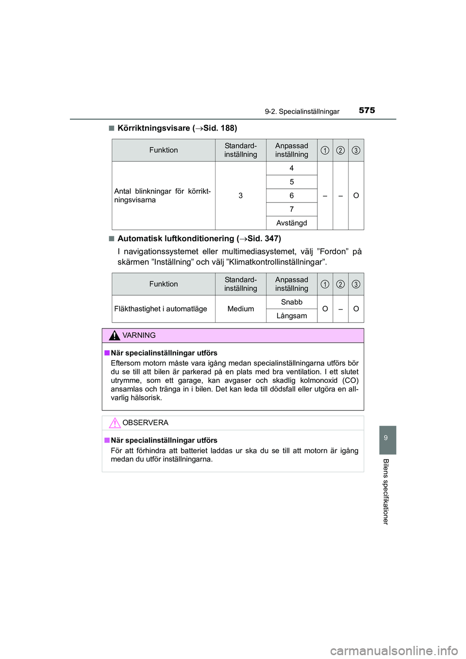 TOYOTA AVENSIS 2015 Bruksanvisningar (in Swedish) 5759-2. Specialinställningar
OM20C20SE
9
Bilens specifikationer
nKörriktningsvisare (Sid. 188)
nAutomatisk luftkonditionering ( Sid. 347)
I navigationssystemet eller multimediasystemet, välj TOYOTA AVENSIS 2015 Bruksanvisningar (in Swedish) 5759-2. Specialinställningar
OM20C20SE
9
Bilens specifikationer
nKörriktningsvisare (Sid. 188)
nAutomatisk luftkonditionering ( Sid. 347)
I navigationssystemet eller multimediasystemet, välj