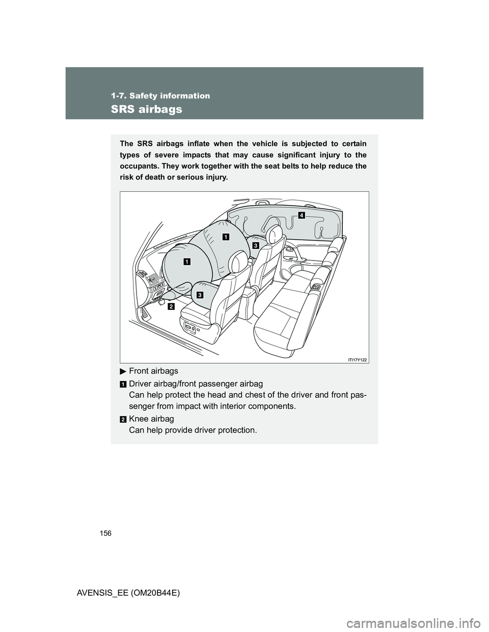 TOYOTA AVENSIS 2012  Owners Manual 156
1-7. Safety information
AVENSIS_EE (OM20B44E)
SRS airbags
The SRS airbags inflate when the vehicle is subjected to certain
types of severe impacts that may cause significant injury to the
occupant