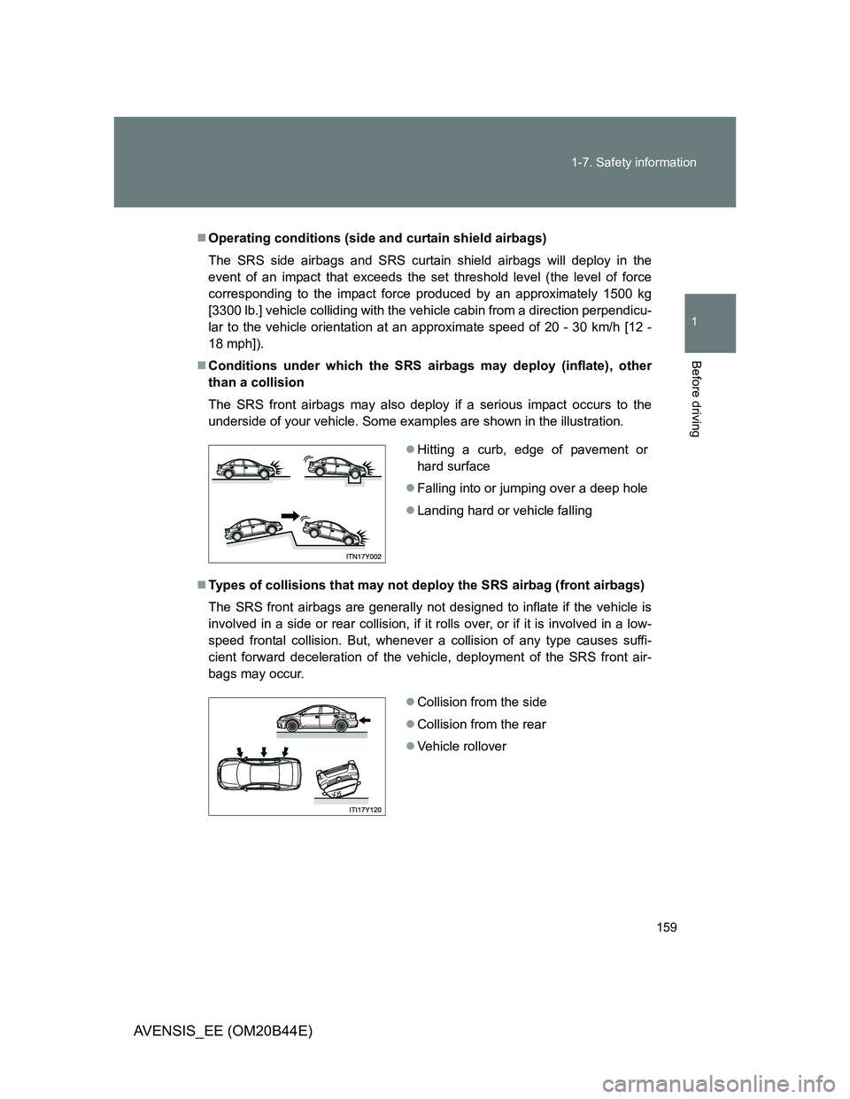 TOYOTA AVENSIS 2012  Owners Manual 159 1-7. Safety information
1
Before driving
AVENSIS_EE (OM20B44E)
Operating conditions (side and curtain shield airbags)
The SRS side airbags and SRS curtain shield airbags will deploy in the
even