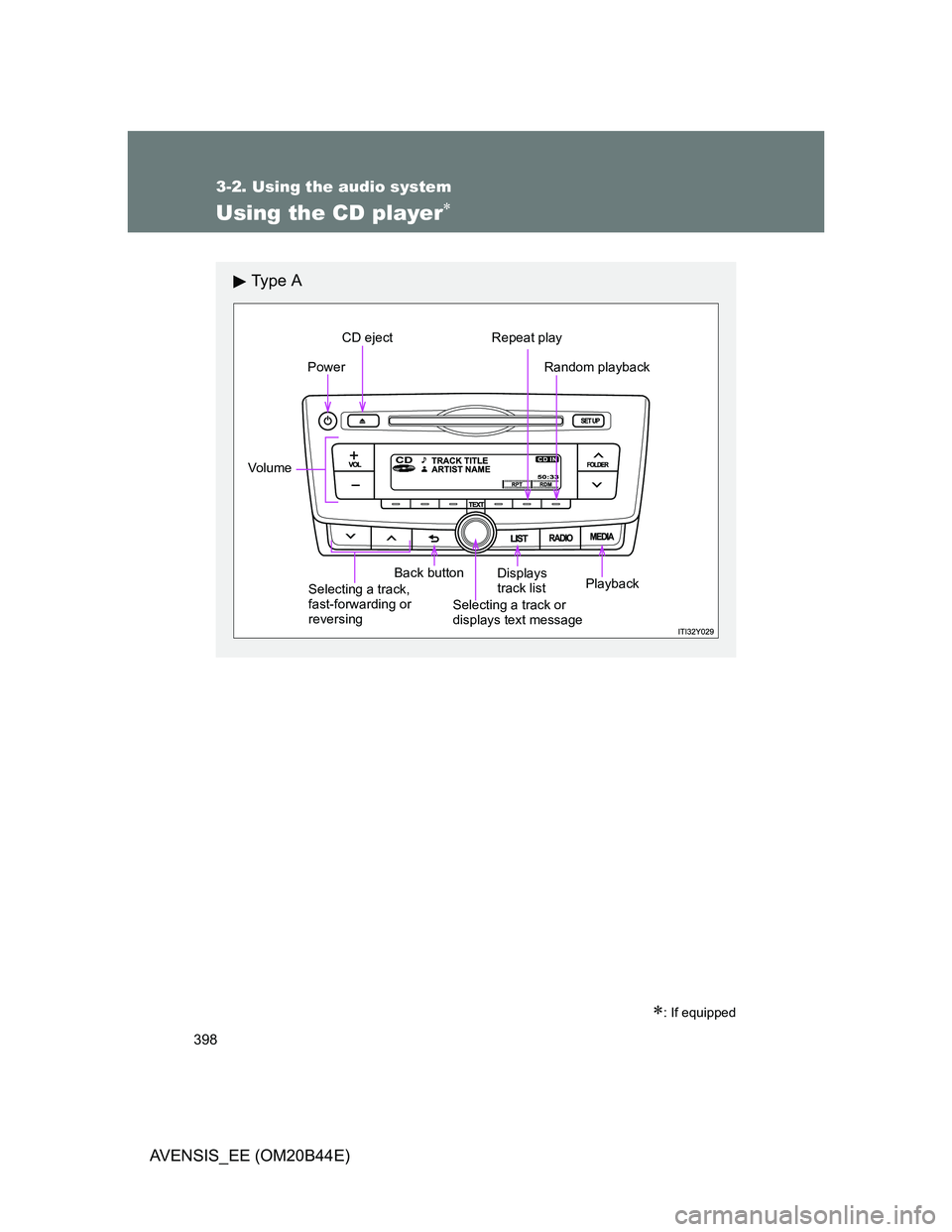 TOYOTA AVENSIS 2012  Owners Manual 398
3-2. Using the audio system
AVENSIS_EE (OM20B44E)
Using the CD player
: If equipped
Ty p e  A
Power
Vo lu m e
Selecting a track, 
fast-forwarding or 
reversingBack button
Selecting a track o
