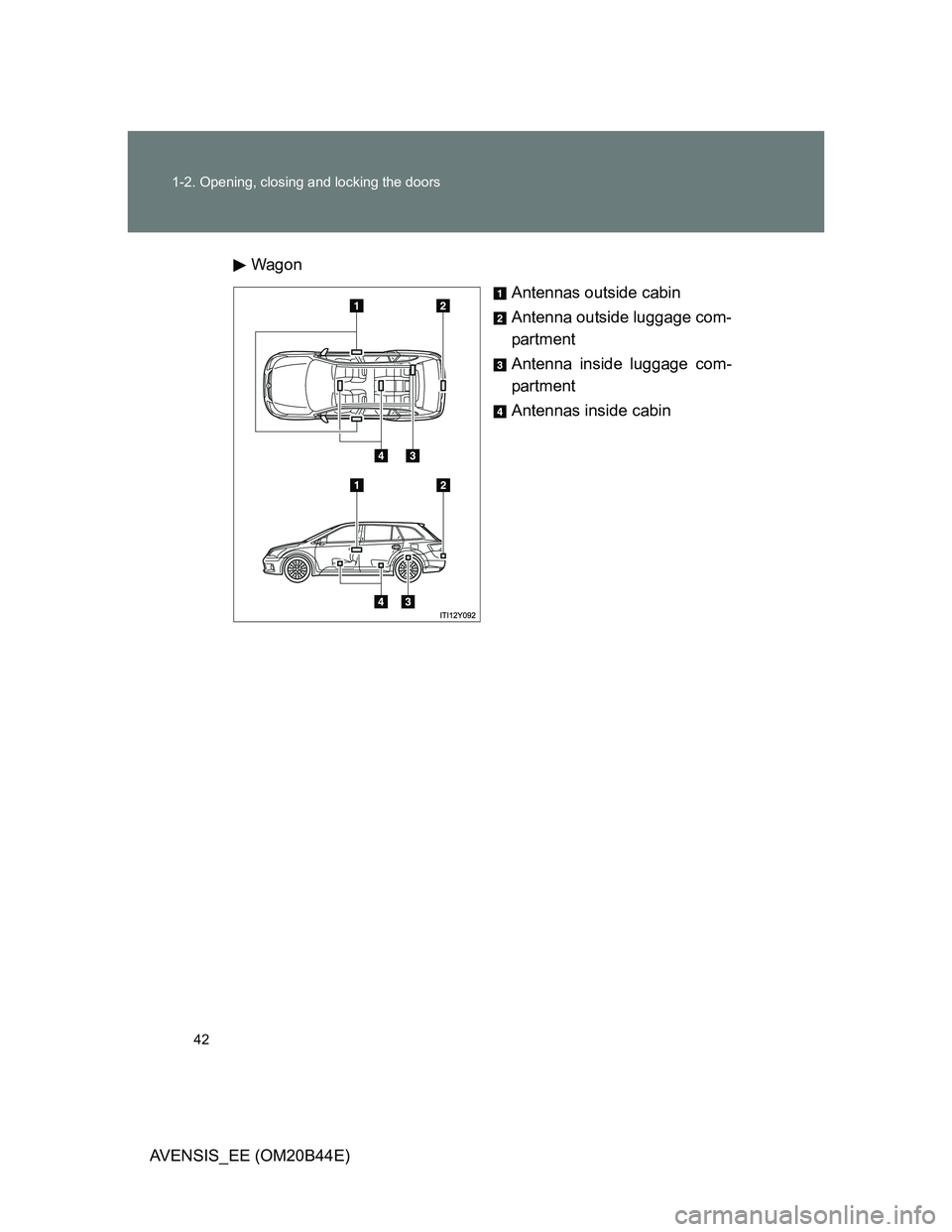 TOYOTA AVENSIS 2012  Owners Manual 42 1-2. Opening, closing and locking the doors
AVENSIS_EE (OM20B44E)Wagon
Antennas outside cabin
Antenna outside luggage com-
partment
Antenna inside luggage com-
partment
Antennas inside cabin 