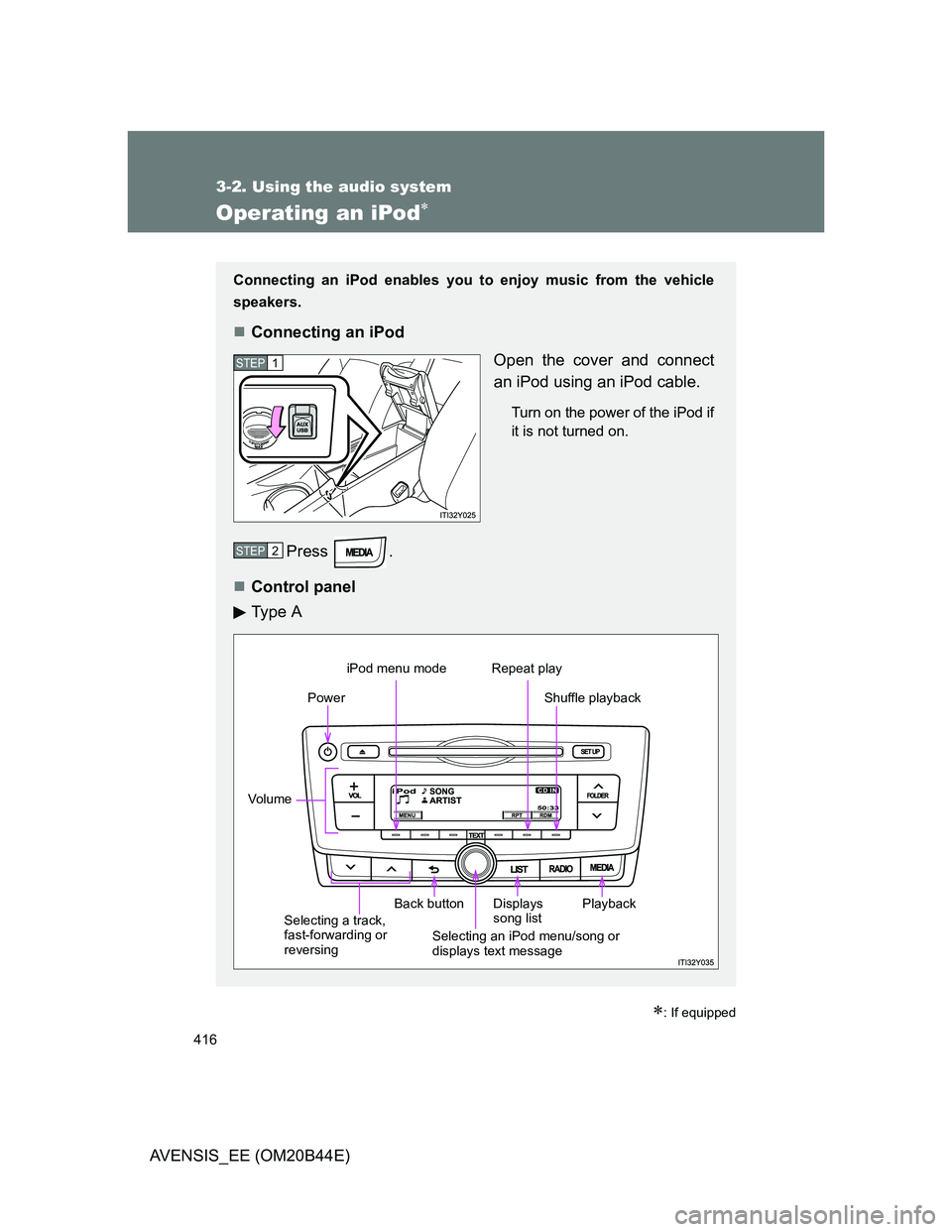 TOYOTA AVENSIS 2012  Owners Manual 416
3-2. Using the audio system
AVENSIS_EE (OM20B44E)
Operating an iPod
: If equipped
Connecting an iPod enables you to enjoy music from the vehicle
speakers.
Connecting an iPod
Open the cove