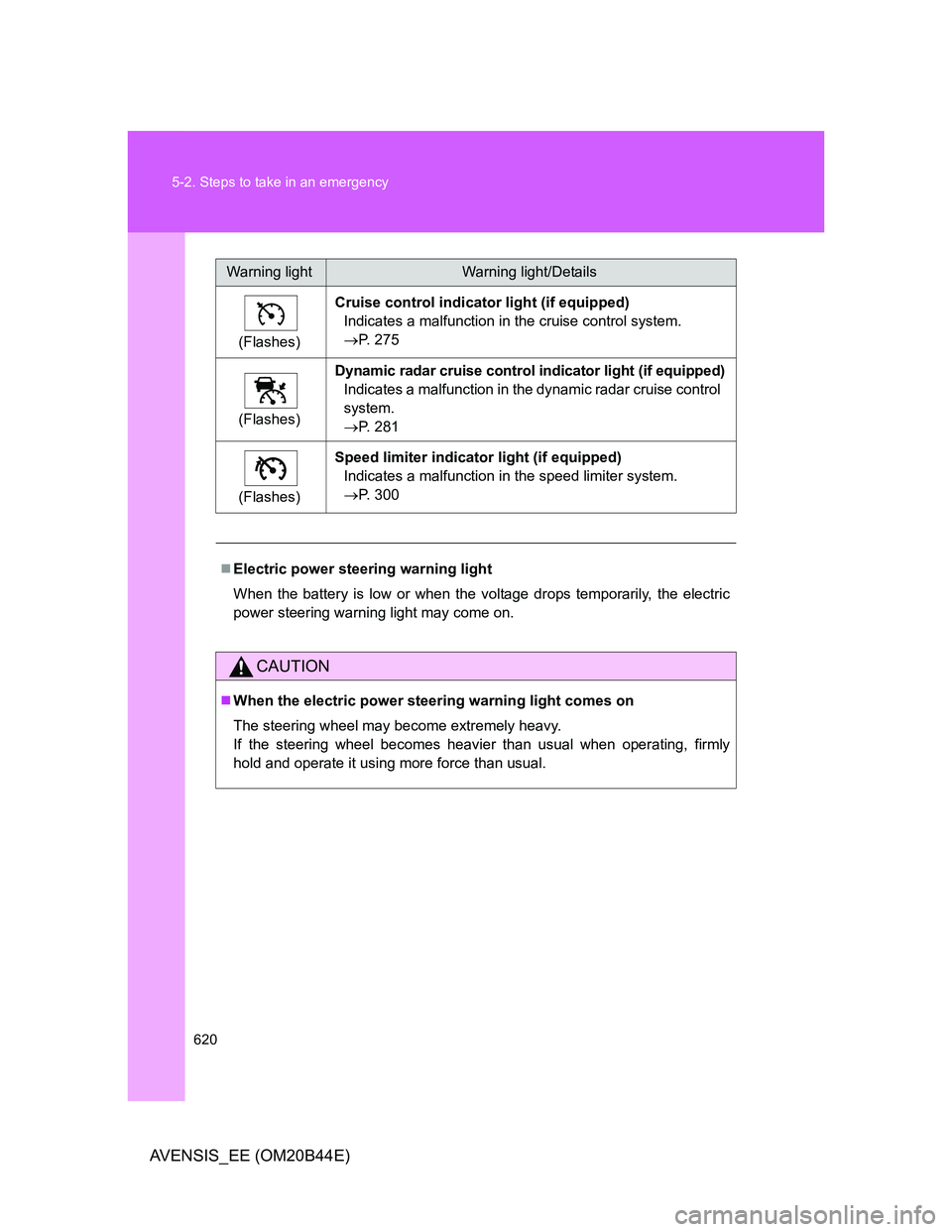 TOYOTA AVENSIS 2012  Owners Manual 620 5-2. Steps to take in an emergency
AVENSIS_EE (OM20B44E)
(Flashes)Cruise control indicator light (if equipped)
Indicates a malfunction in the cruise control system.
P. 275
(Flashes)Dynamic rada