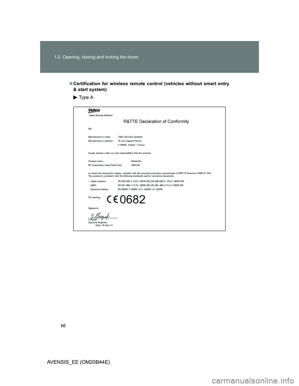 TOYOTA AVENSIS 2012  Owners Manual 66 1-2. Opening, closing and locking the doors
AVENSIS_EE (OM20B44E)
Certification for wireless remote control (vehicles without smart entry
& start system)
Type A 