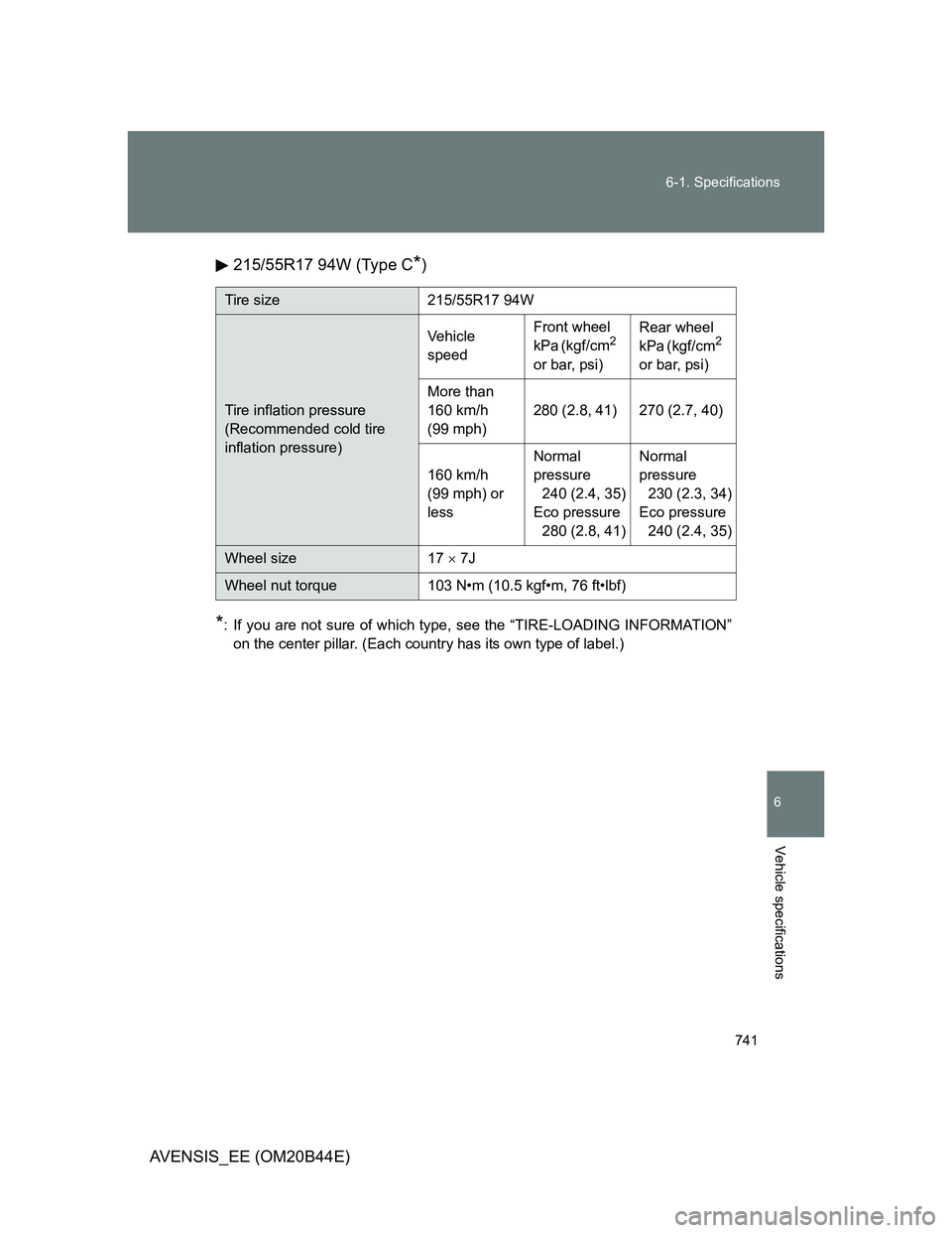 TOYOTA AVENSIS 2012  Owners Manual 741 6-1. Specifications
6
Vehicle specifications
AVENSIS_EE (OM20B44E)215/55R17 94W (Type C
*)
*: If you are not sure of which type, see the “TIRE-LOADING INFORMATION”
on the center pillar. (Each 