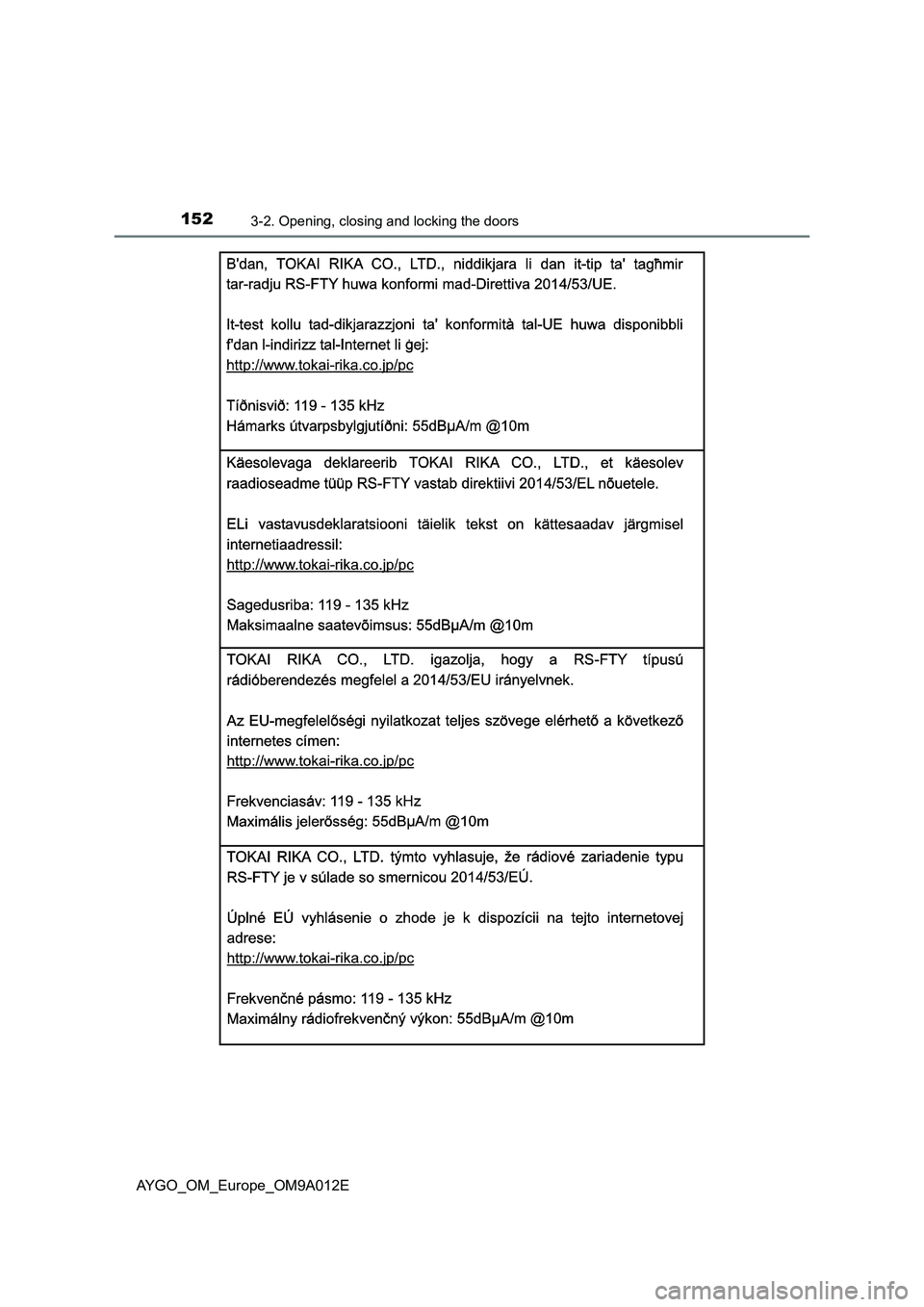 TOYOTA AYGO 2021  Owners Manual 1523-2. Opening, closing and locking the doors
AYGO_OM_Europe_OM9A012E 
