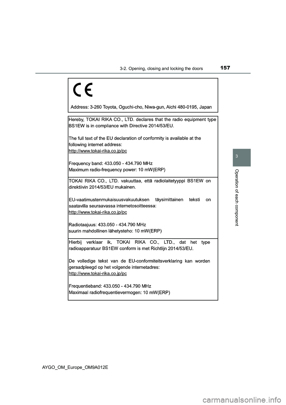 TOYOTA AYGO 2021  Owners Manual 1573-2. Opening, closing and locking the doors
3
Operation of each component
AYGO_OM_Europe_OM9A012E 