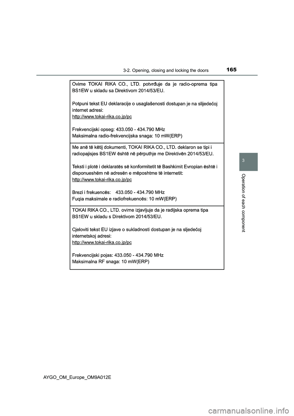 TOYOTA AYGO 2021  Owners Manual 1653-2. Opening, closing and locking the doors
3
Operation of each component
AYGO_OM_Europe_OM9A012E 