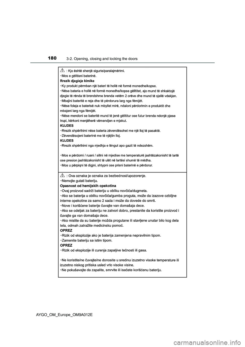TOYOTA AYGO 2021  Owners Manual 1803-2. Opening, closing and locking the doors
AYGO_OM_Europe_OM9A012E 
