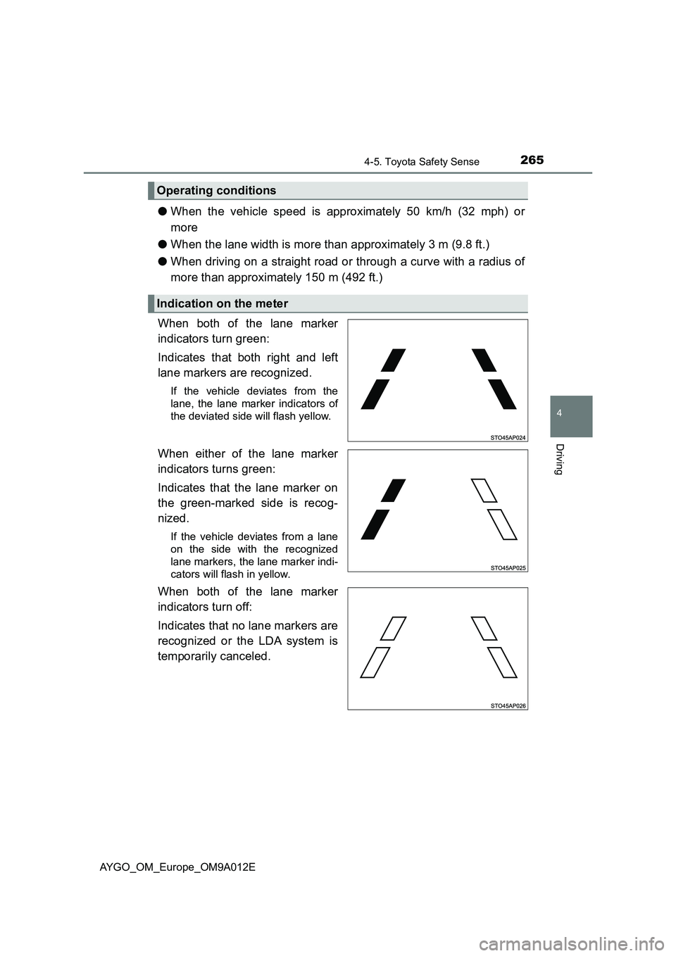 TOYOTA AYGO 2021  Owners Manual 2654-5. Toyota Safety Sense
4
Driving
AYGO_OM_Europe_OM9A012E
●When the vehicle speed is approximately 50 km/h (32 mph) or
more
●When the lane width is more than approximately 3 m (9.8 ft.)
●Whe