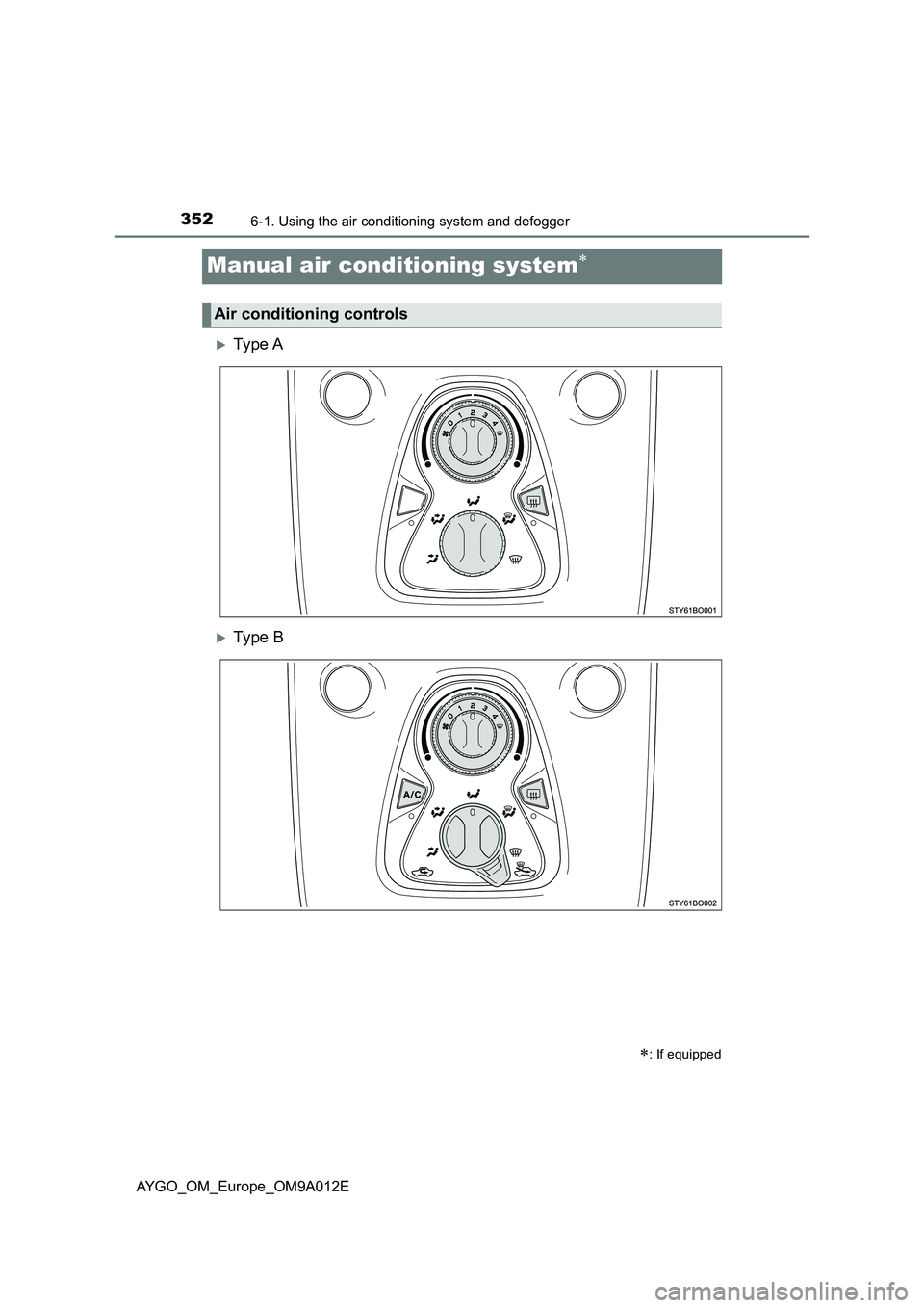 TOYOTA AYGO 2021  Owners Manual 3526-1. Using the air conditioning system and defogger
AYGO_OM_Europe_OM9A012E
Manual air conditioning system
Ty pe  A
Ty pe  B
: If equipped
Air conditioning controls 