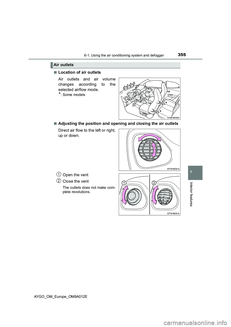 TOYOTA AYGO 2021  Owners Manual 3556-1. Using the air conditioning system and defogger
6
Interior features
AYGO_OM_Europe_OM9A012E■
Location of air outlets
Air outlets and air volume
changes according to the
selected airflow mode.