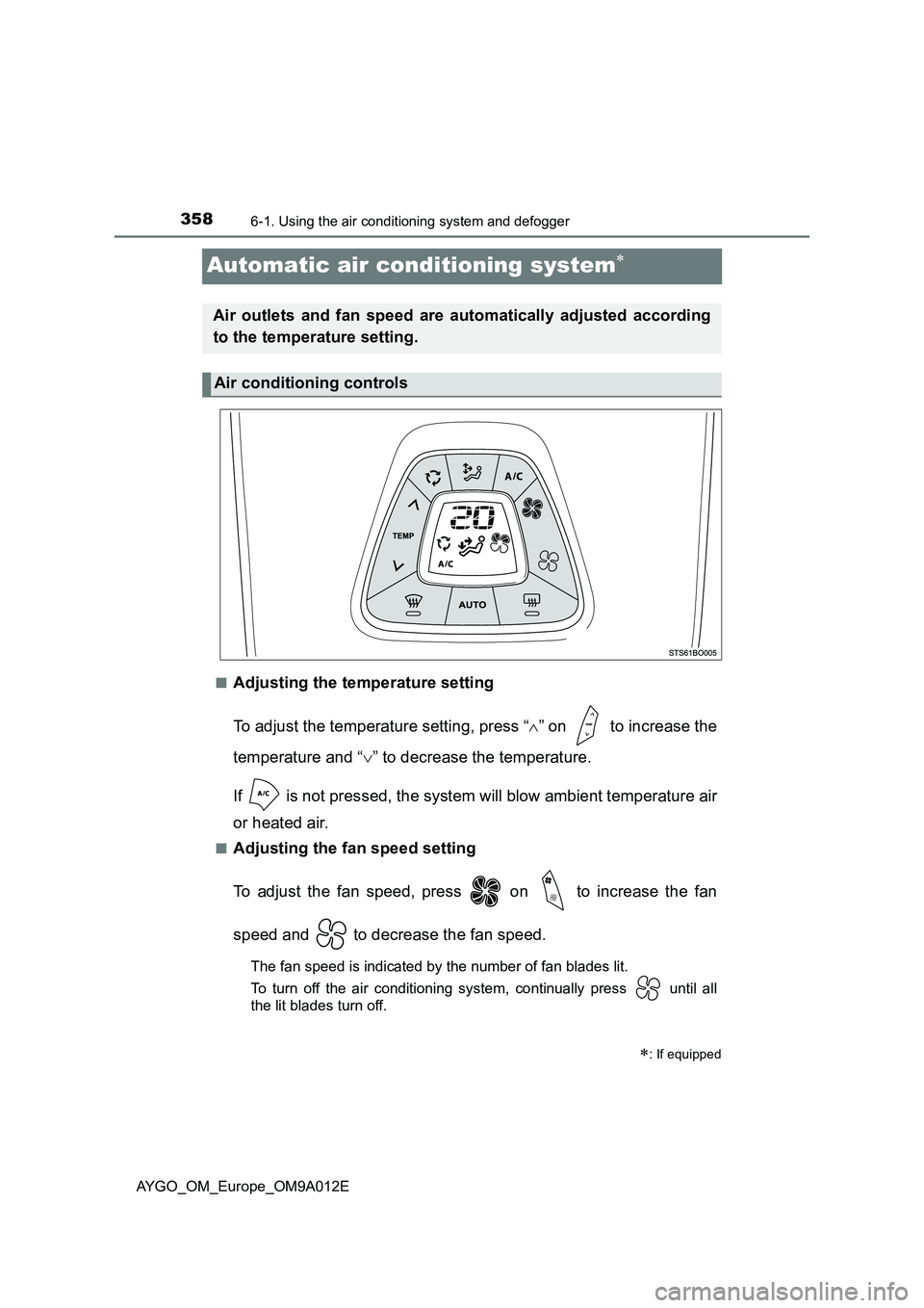 TOYOTA AYGO 2021  Owners Manual 3586-1. Using the air conditioning system and defogger
AYGO_OM_Europe_OM9A012E
Automatic air conditioning system
■Adjusting the temperature setting
To adjust the temperature setting, press “